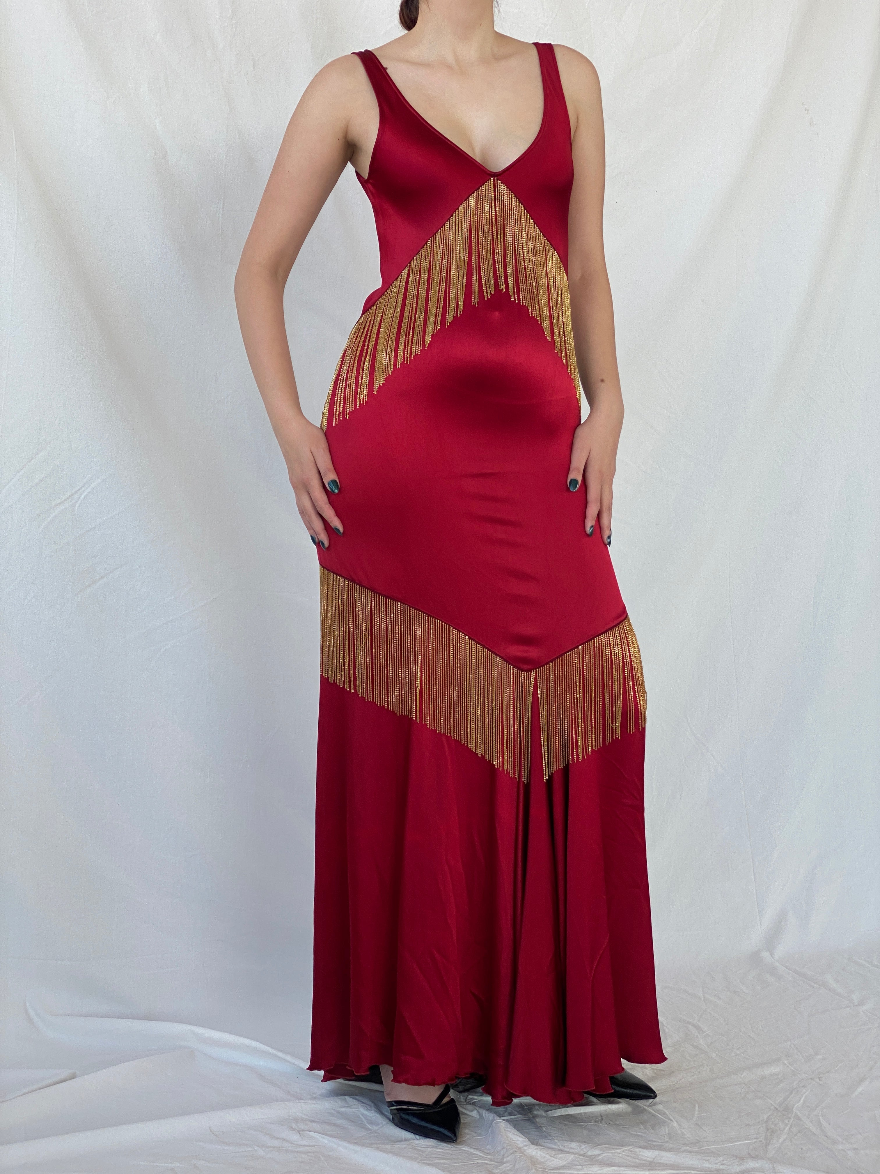 Absolutely Beautiful Ranjana Khan Burgundy Silk Gold Metal Fringe Sleeveless V-Neck Gown - S - Balagan Vintage Maxi Dress Ayah, consignment, dress, maxi dress, NEW IN, Sadouf, Wedding Guest, winter