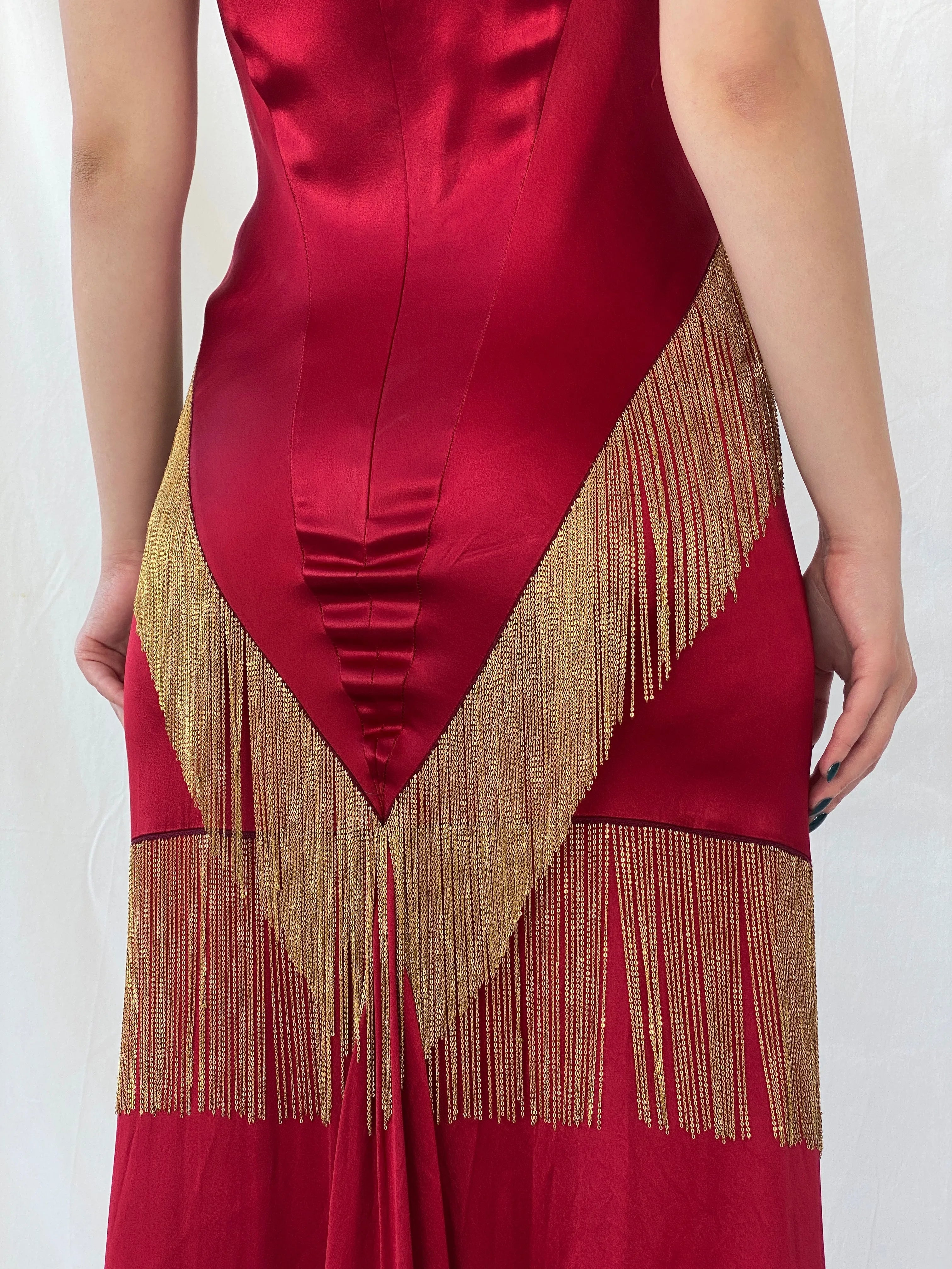 Absolutely Beautiful Ranjana Khan Burgundy Silk Gold Metal Fringe Sleeveless V-Neck Gown - S - Balagan Vintage Maxi Dress Ayah, consignment, dress, maxi dress, Sadouf, Wedding Guest, winter