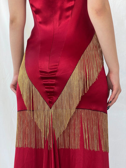 Absolutely Beautiful Ranjana Khan Burgundy Silk Gold Metal Fringe Sleeveless V-Neck Gown - S - Balagan Vintage Maxi Dress Ayah, consignment, dress, maxi dress, Sadouf, Wedding Guest, winter