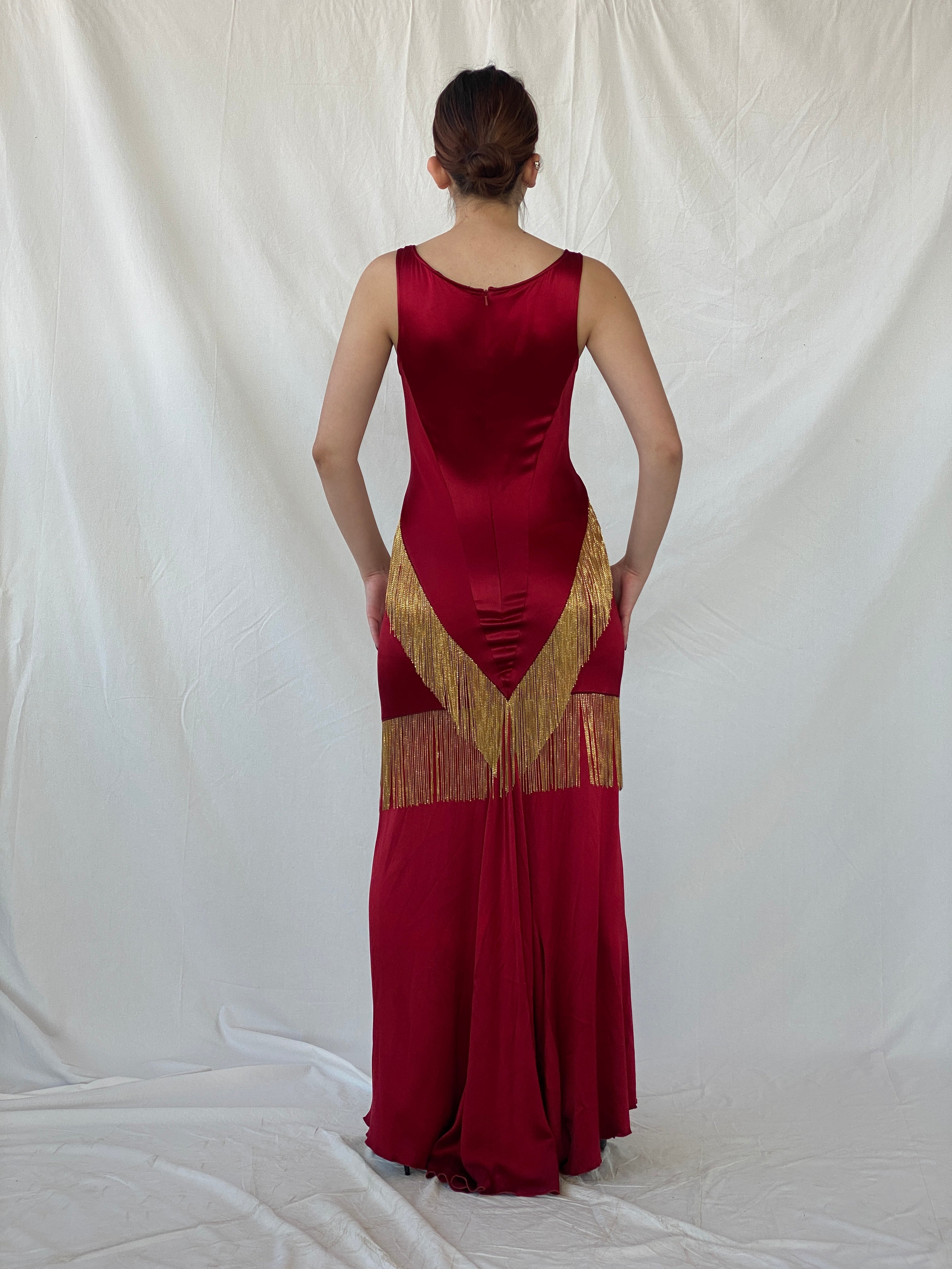 Absolutely Beautiful Ranjana Khan Burgundy Silk Gold Metal Fringe Sleeveless V-Neck Gown - S - Balagan Vintage Maxi Dress Ayah, consignment, dress, maxi dress, NEW IN, Sadouf, Wedding Guest, winter