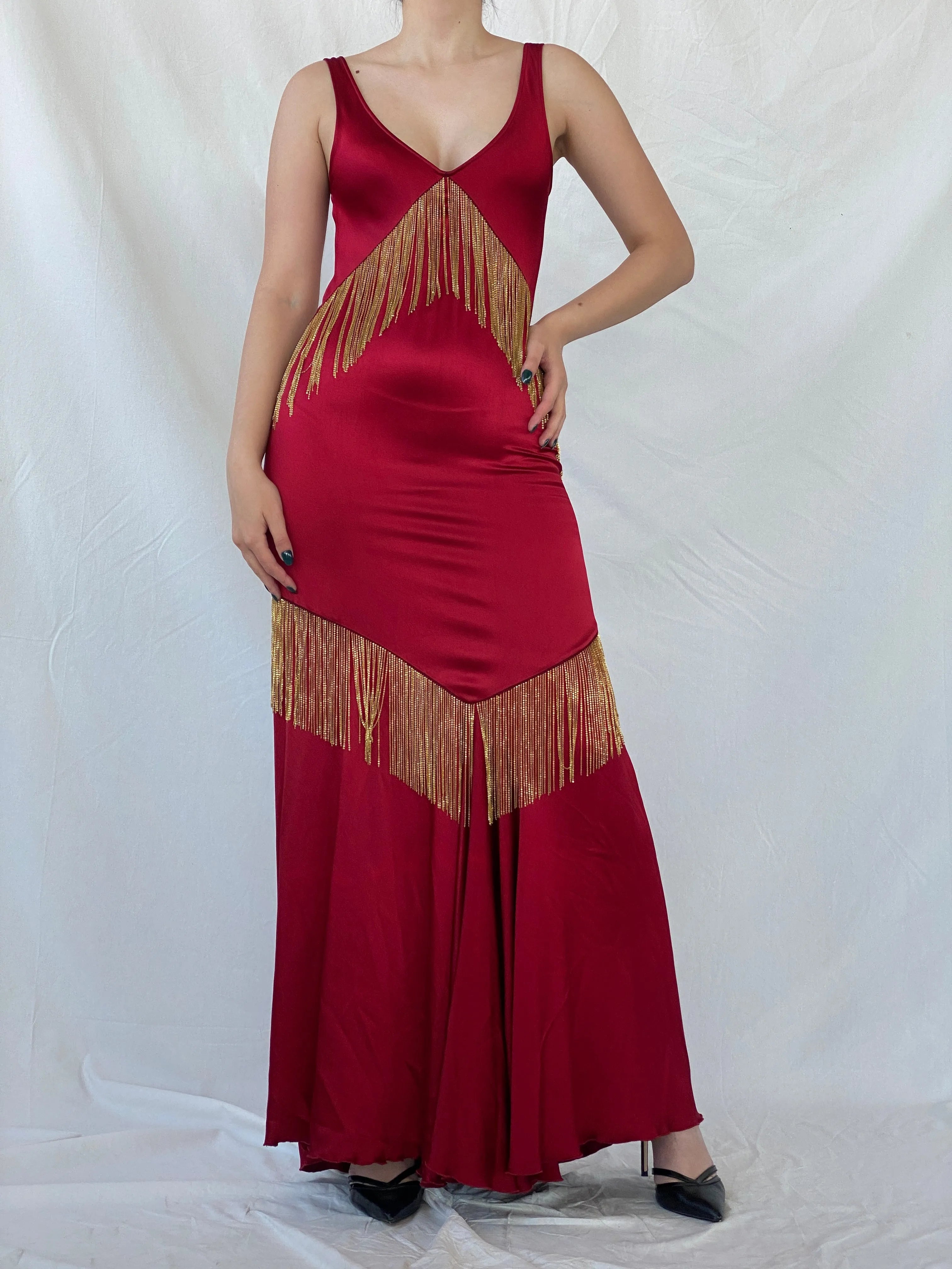 Absolutely Beautiful Ranjana Khan Burgundy Silk Gold Metal Fringe Sleeveless V-Neck Gown - S - Balagan Vintage Maxi Dress Ayah, consignment, dress, maxi dress, Sadouf, Wedding Guest, winter