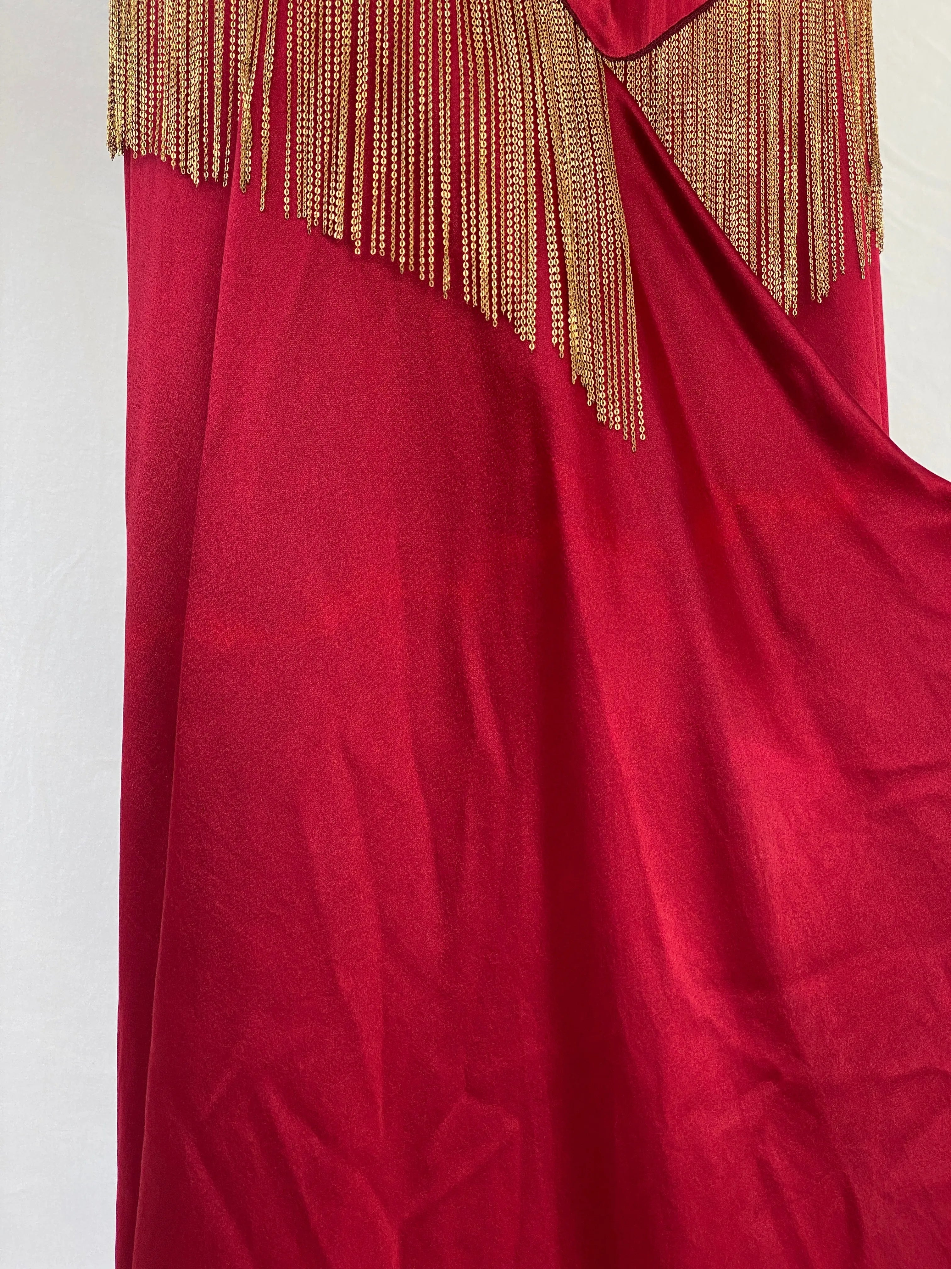 Absolutely Beautiful Ranjana Khan Burgundy Silk Gold Metal Fringe Sleeveless V-Neck Gown - S - Balagan Vintage Maxi Dress Ayah, consignment, dress, maxi dress, Sadouf, Wedding Guest, winter