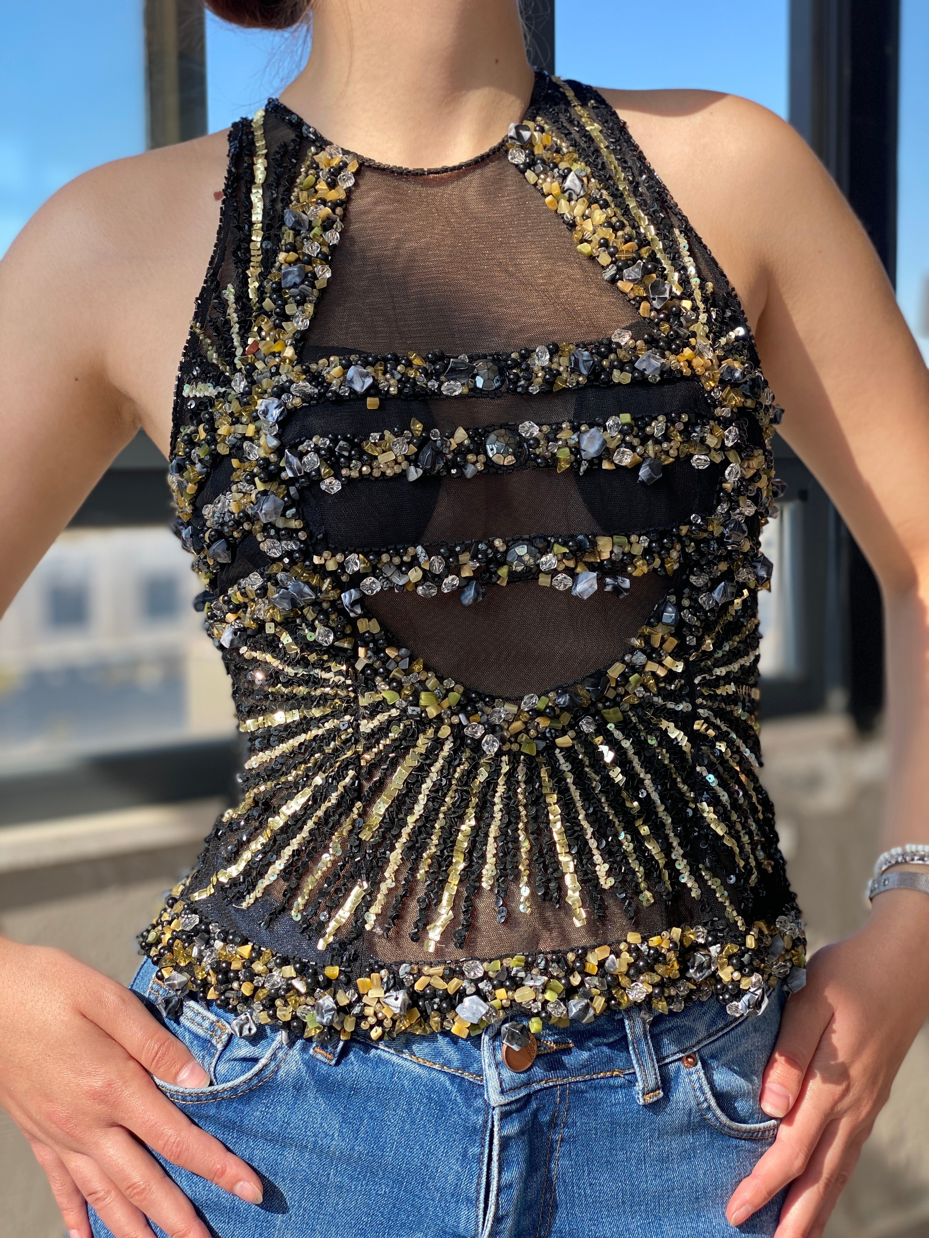 Absolutely Stunning Black Sheer Party Top Embellished with Black and Gold Beads and Sequins - S - Balagan Vintage Sleeveless Top 00s, Ayah, beaded, consignment, Janan