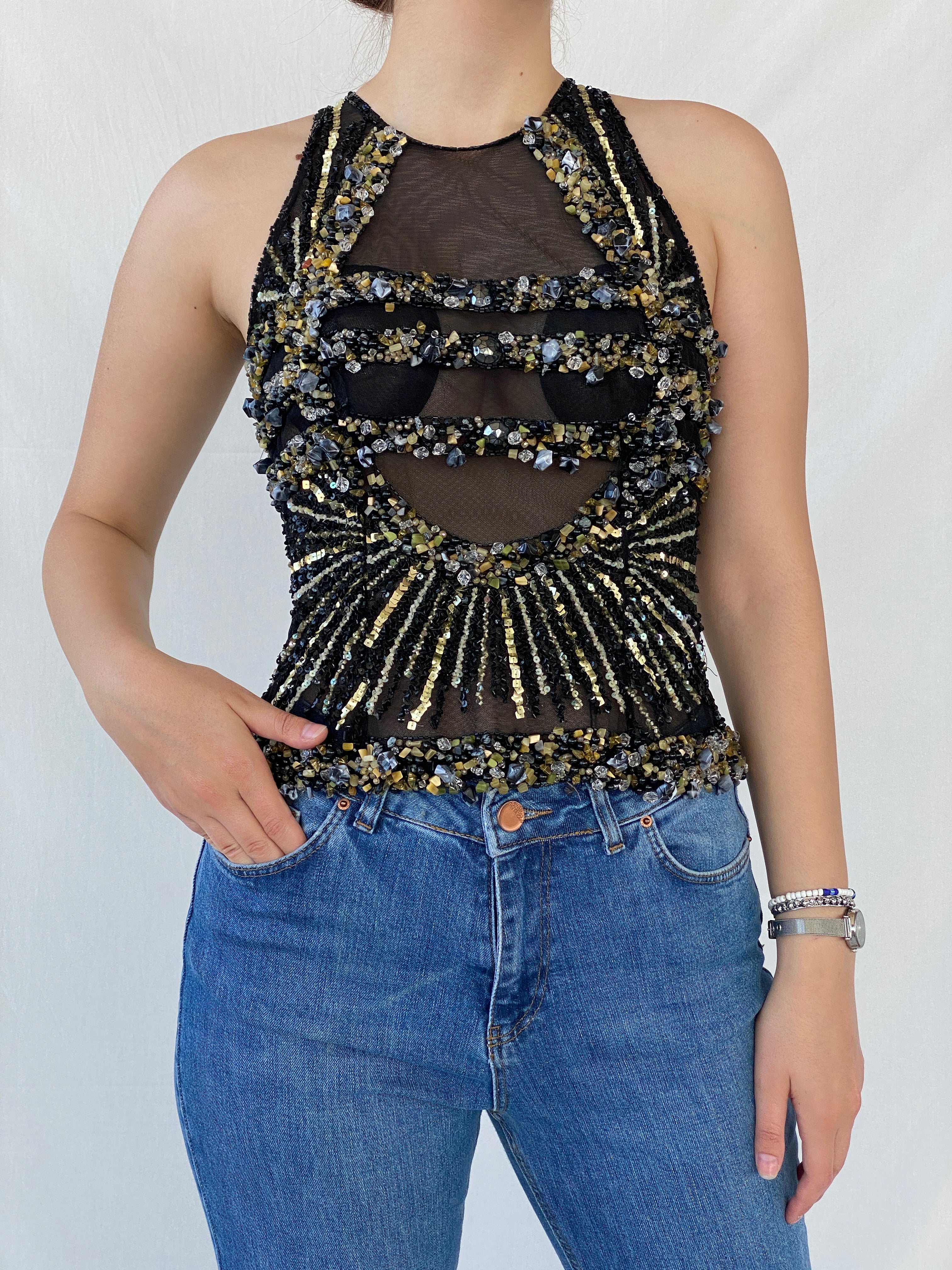 Absolutely Stunning Black Sheer Party Top Embellished with Black and Gold Beads and Sequins - S - Balagan Vintage Sleeveless Top 00s, Ayah, beaded, consignment, Janan