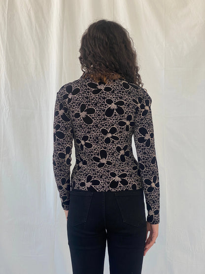Adorable Y2K Lycra Only By Dupont Floral Button Up Full Sleeve Black Shirt - S - Balagan Vintage Full Sleeve Shirt 00s, Celine, full sleeve shirt, women top