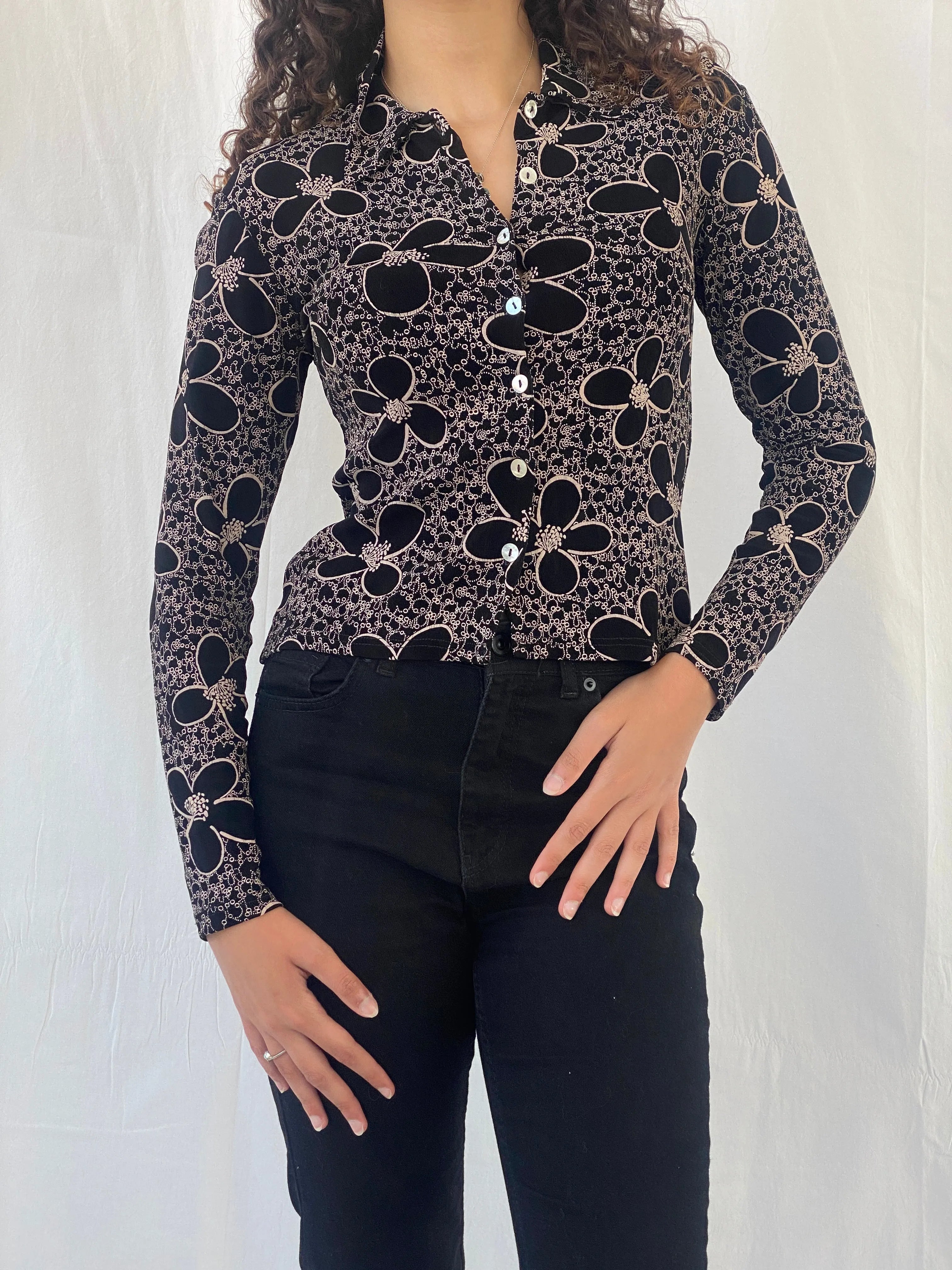 Adorable Y2K Lycra Only By Dupont Floral Button Up Full Sleeve Black Shirt - S - Balagan Vintage Full Sleeve Shirt 00s, Celine, full sleeve shirt, women top