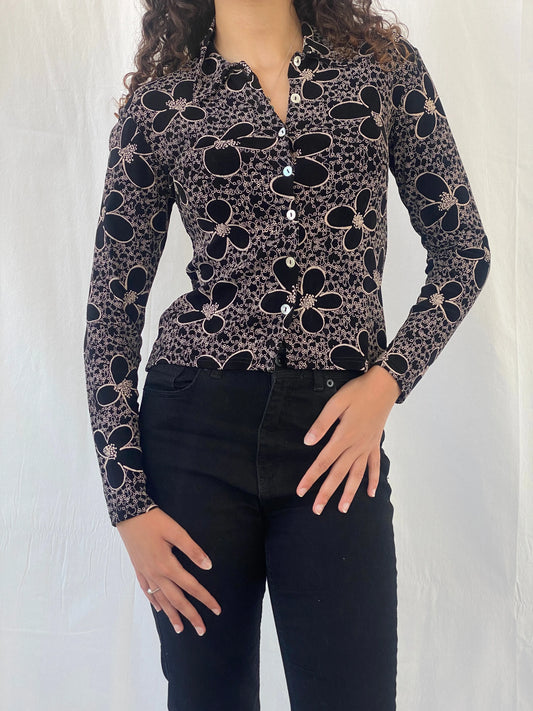 Adorable Y2K Lycra Only By Dupont Floral Button Up Full Sleeve Black Shirt - S - Balagan Vintage Full Sleeve Shirt 00s, Celine, full sleeve shirt, women top
