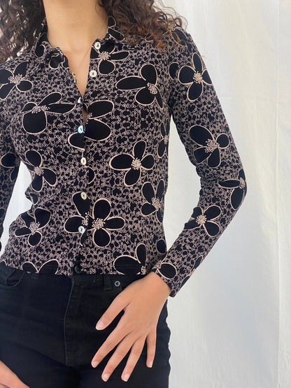 Adorable Y2K Lycra Only By Dupont Floral Button Up Full Sleeve Black Shirt - S - Balagan Vintage Full Sleeve Shirt 00s, Celine, full sleeve shirt, women top