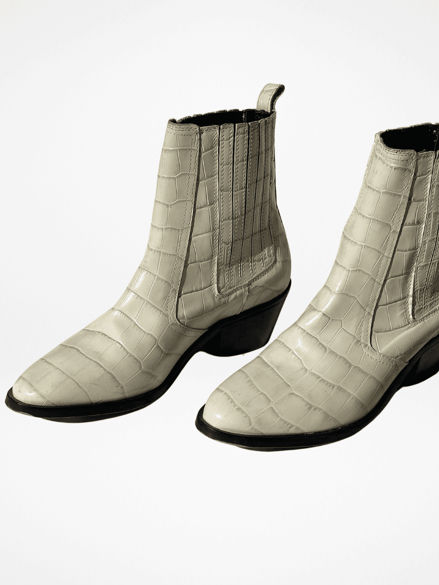 AllSaints Miriam Crocodile Effect Leather Western Heeled Ankle Boots - Balagan Vintage Boots 00s, 90s, consignment, Lidia, ralph lauren, shoes