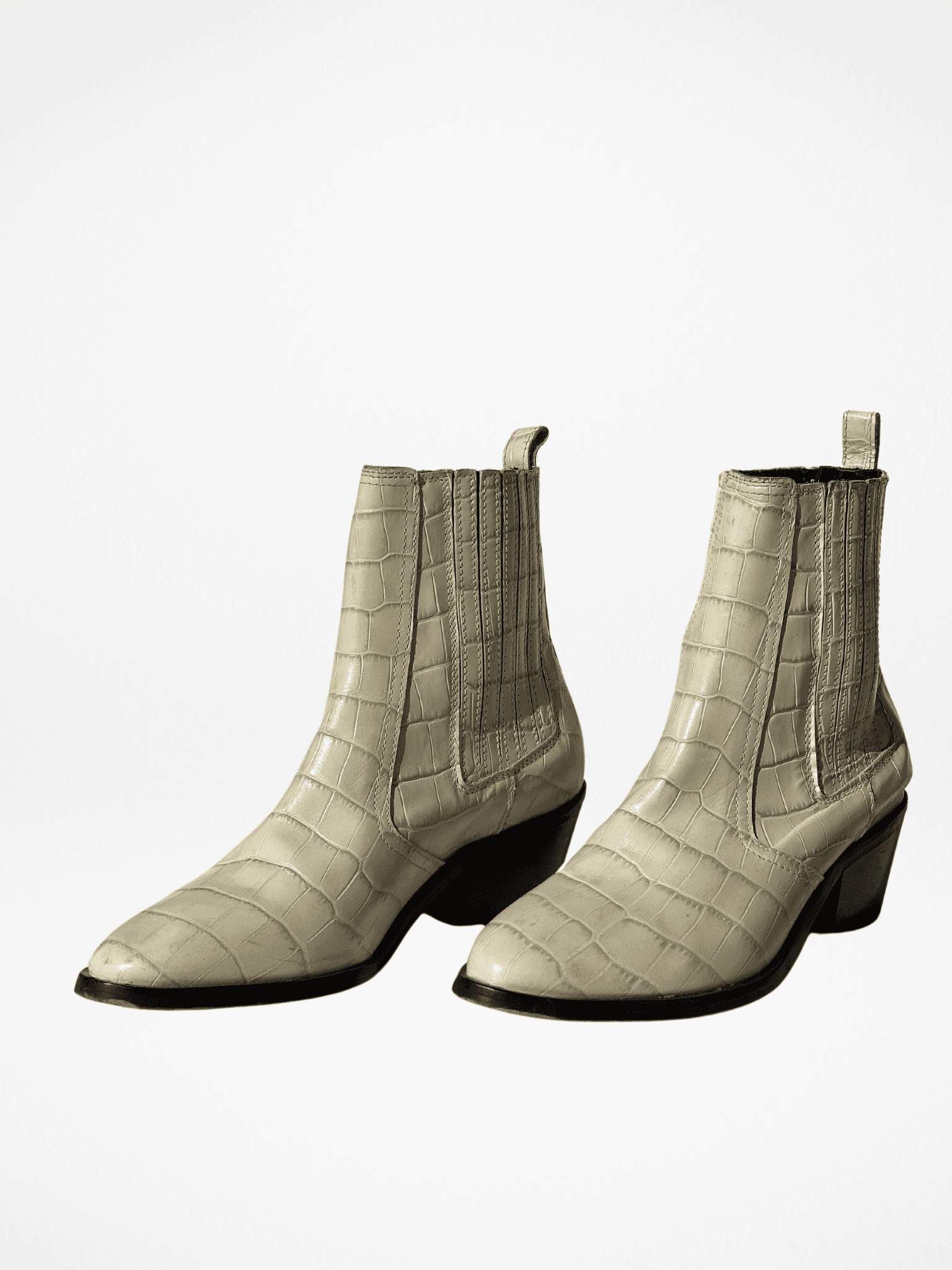 AllSaints Miriam Crocodile Effect Leather Western Heeled Ankle Boots - Balagan Vintage Boots 00s, 90s, consignment, Lidia, ralph lauren, shoes