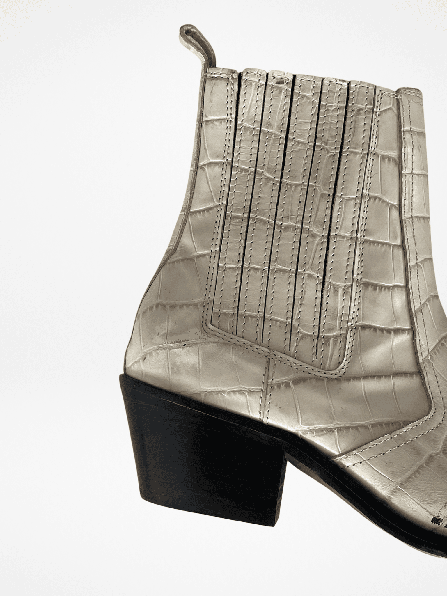 AllSaints Miriam Crocodile Effect Leather Western Heeled Ankle Boots - Balagan Vintage Boots 00s, 90s, consignment, Lidia, ralph lauren, shoes