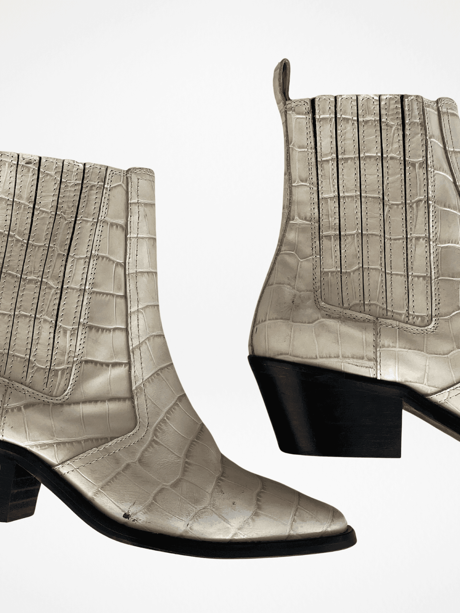 AllSaints Miriam Crocodile Effect Leather Western Heeled Ankle Boots - Balagan Vintage Boots 00s, 90s, consignment, Lidia, ralph lauren, shoes