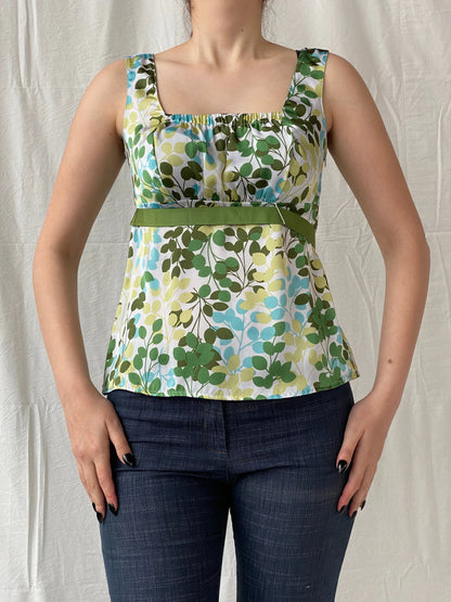 Ann Taylor LOFT Cottage Core Leaf Print Green Sleeveless Blouse - S - Balagan Vintage Sleeveless Top 00s, Ayah, floral, floral top, sheer, sleeveless top