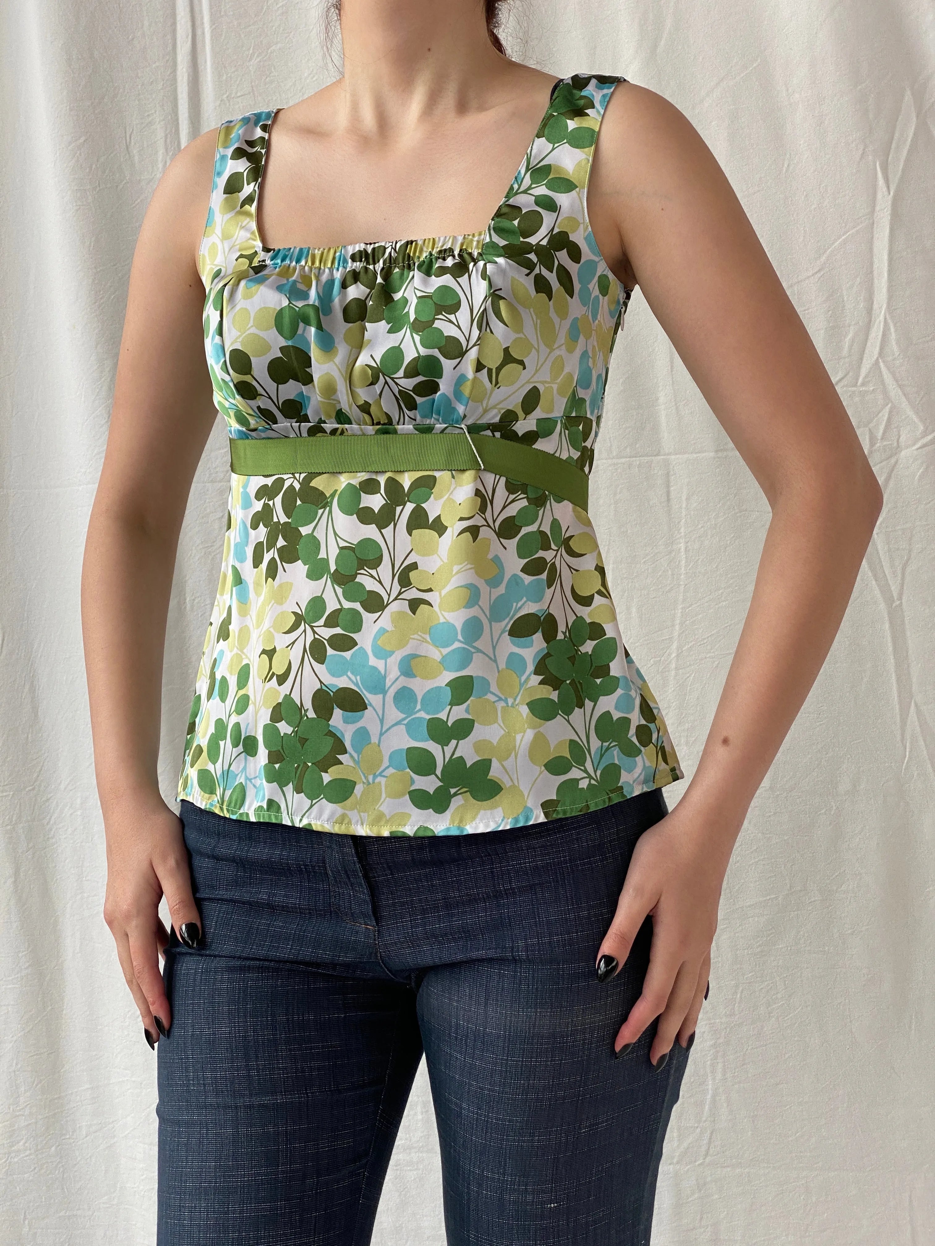 Ann Taylor LOFT Cottage Core Leaf Print Green Sleeveless Blouse - S - Balagan Vintage Sleeveless Top 00s, Ayah, floral, floral top, sheer, sleeveless top