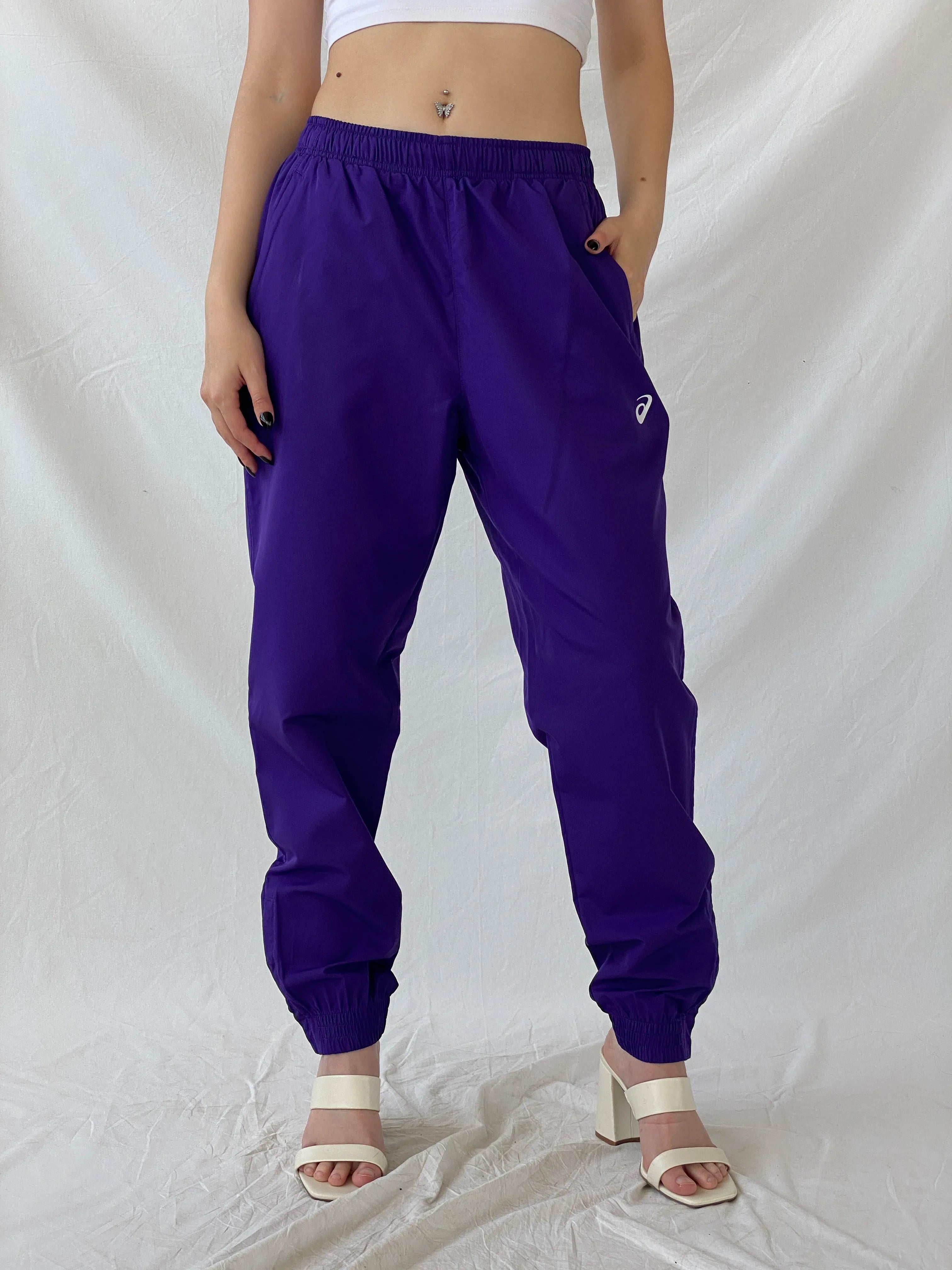 Asics Purple Windbreaker Sports Wear Women’s Track Pants - L - Balagan Vintage Track Pants 80s, 90s, Ayah, consignment, Melika, vintage pants, windbreaker