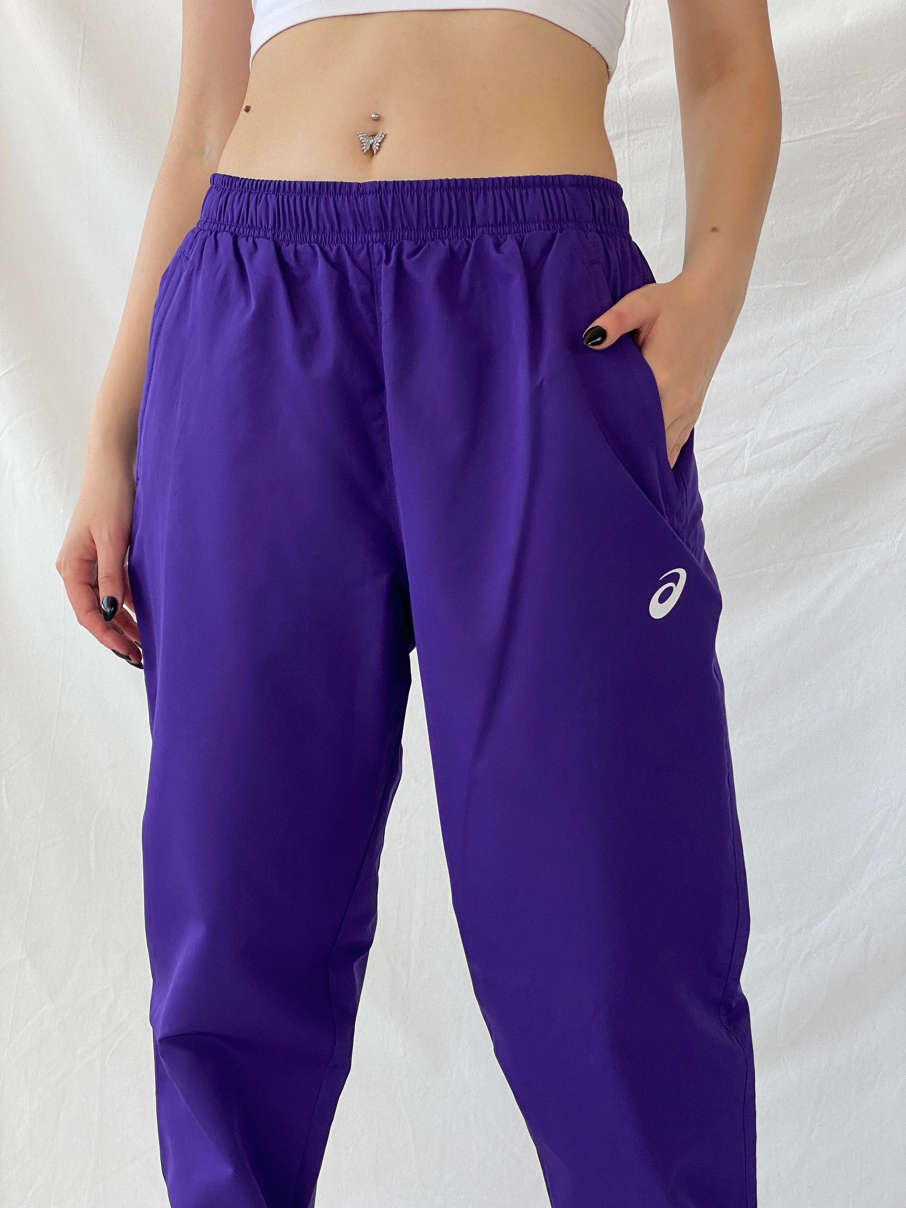 Asics Purple Windbreaker Sports Wear Women’s Track Pants - L - Balagan Vintage Track Pants 80s, 90s, Ayah, consignment, Melika, vintage pants, windbreaker