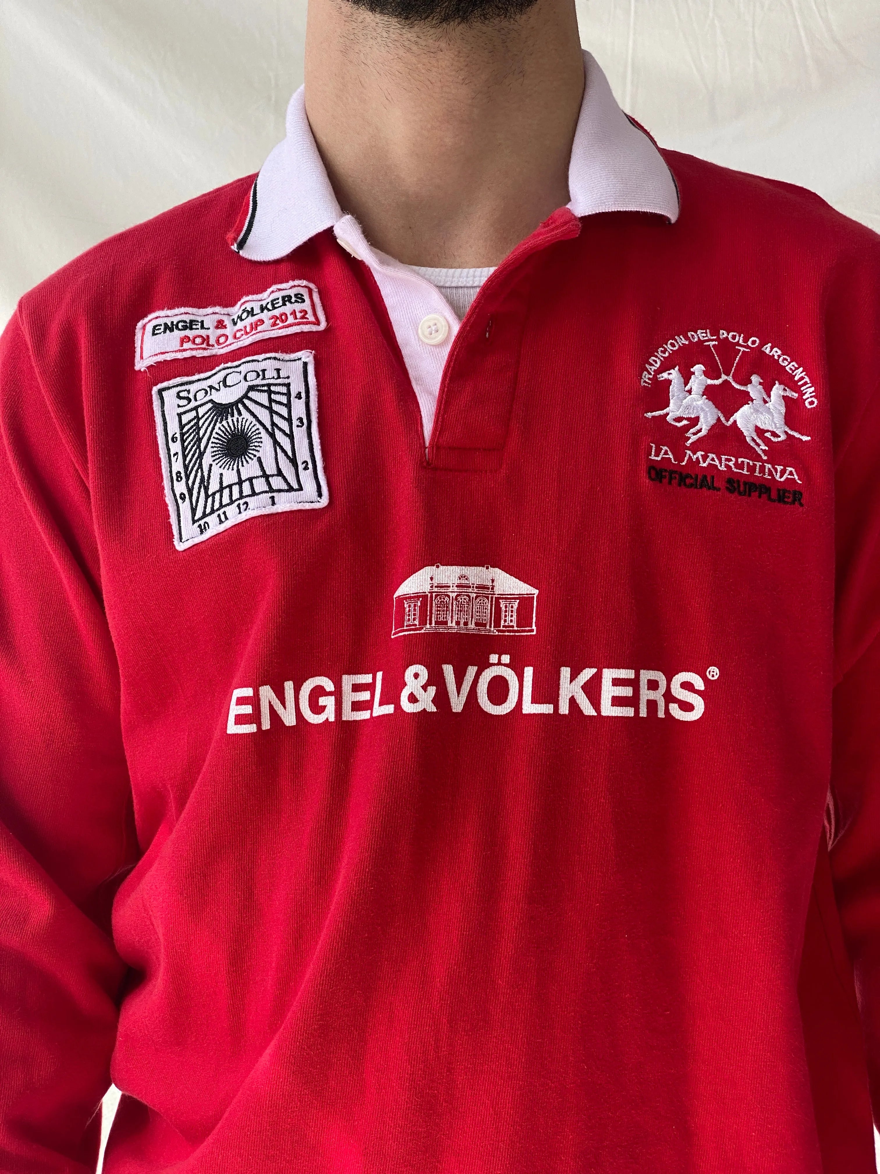 Authentic La Martina Saddlery Engel & Völkers 2012 Polo Cup Red Long Sleeve Cotton Jersey - M - Balagan Vintage Full Sleeve Top 90s, consignment, Hamza, Jersey, men, streetwear, vintage, vintage sweater, winter
