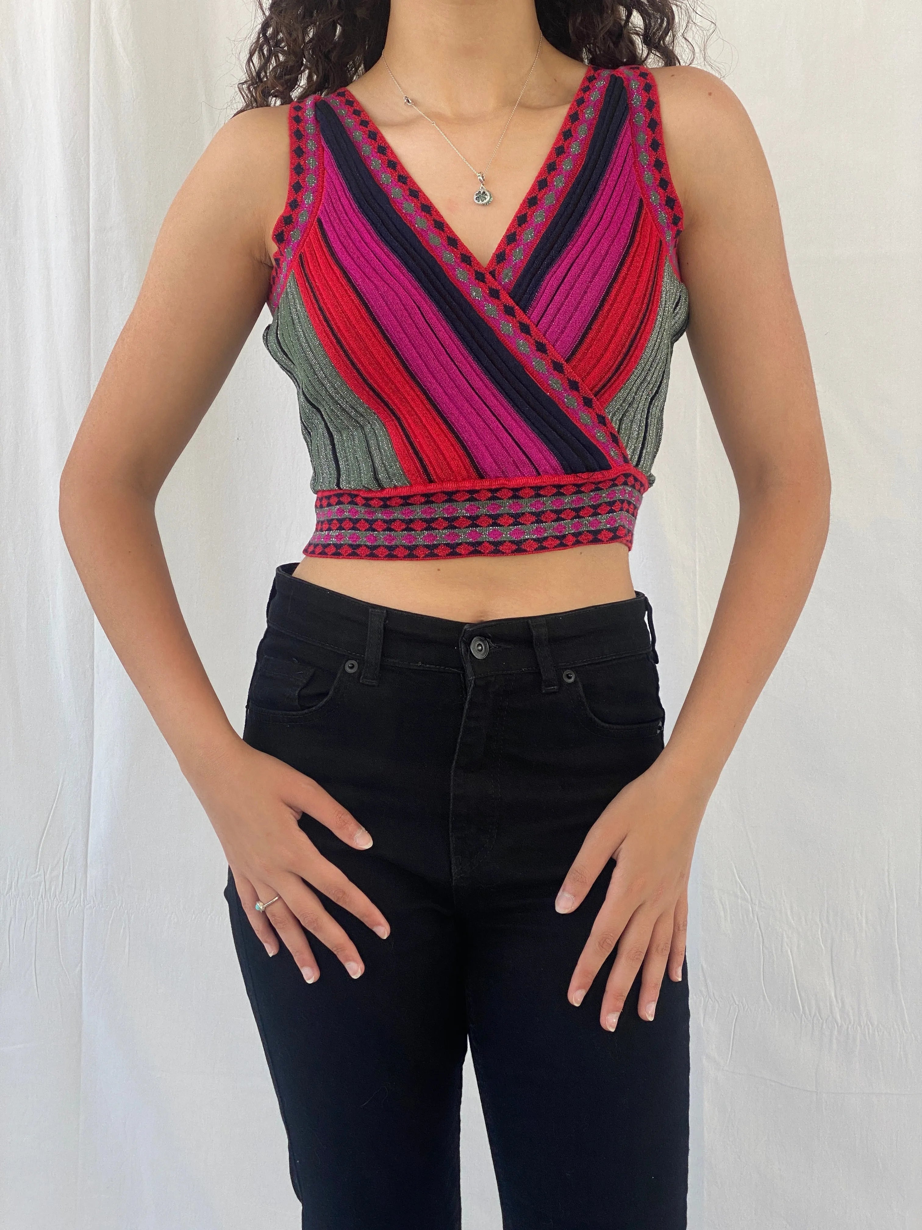 Avrile Shimmery Red Pink V-Neck & V-Back Ribbed Knit Crop Top - S - Balagan Vintage Sleeveless Top 00s, Celine, cropped, women top