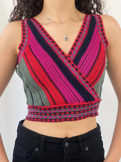 Avrile Shimmery Red Pink V-Neck & V-Back Ribbed Knit Crop Top - S - Balagan Vintage Sleeveless Top 00s, Celine, cropped, women top