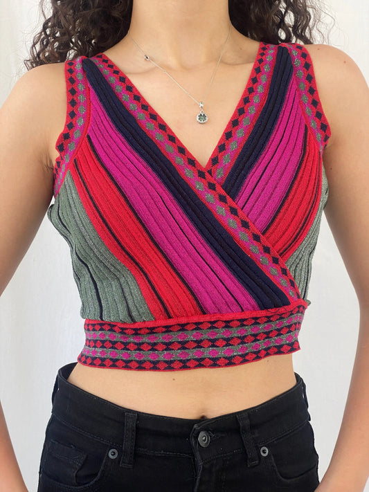 Avrile Shimmery Red Pink V-Neck & V-Back Ribbed Knit Crop Top - S - Balagan Vintage Sleeveless Top 00s, Celine, cropped, women top