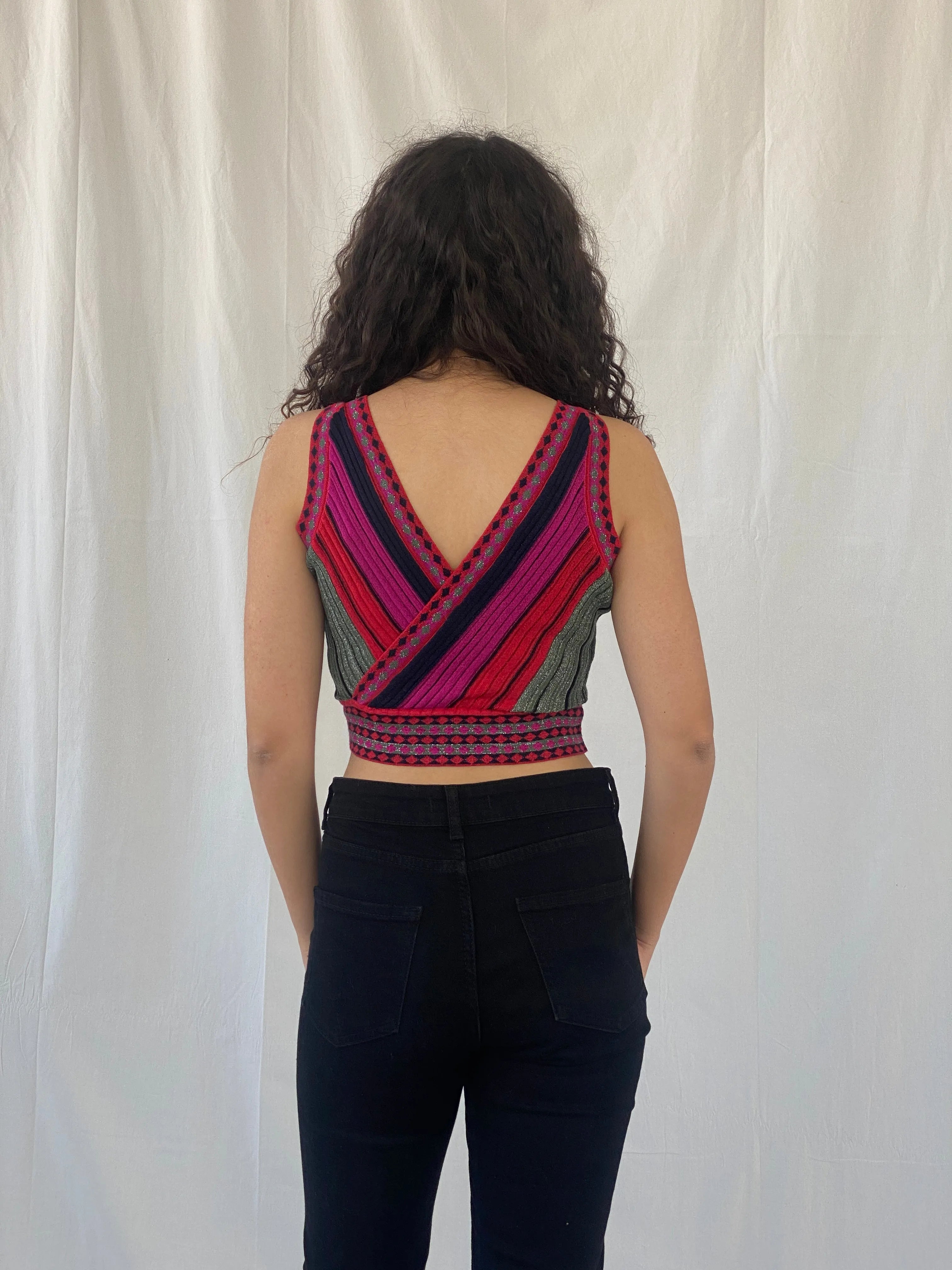 Avrile Shimmery Red Pink V-Neck & V-Back Ribbed Knit Crop Top - S - Balagan Vintage Sleeveless Top 00s, Celine, cropped, women top