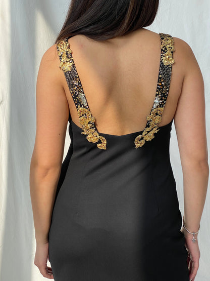 BASIX Black Midi Sleeveless Bodycon Dress with Gold Sequin & Beading Details - M - Balagan Vintage Midi Dress 00s, 00s dress, consignment, Fatima, Mini Dress, Sadouf, Wedding Guest, winter