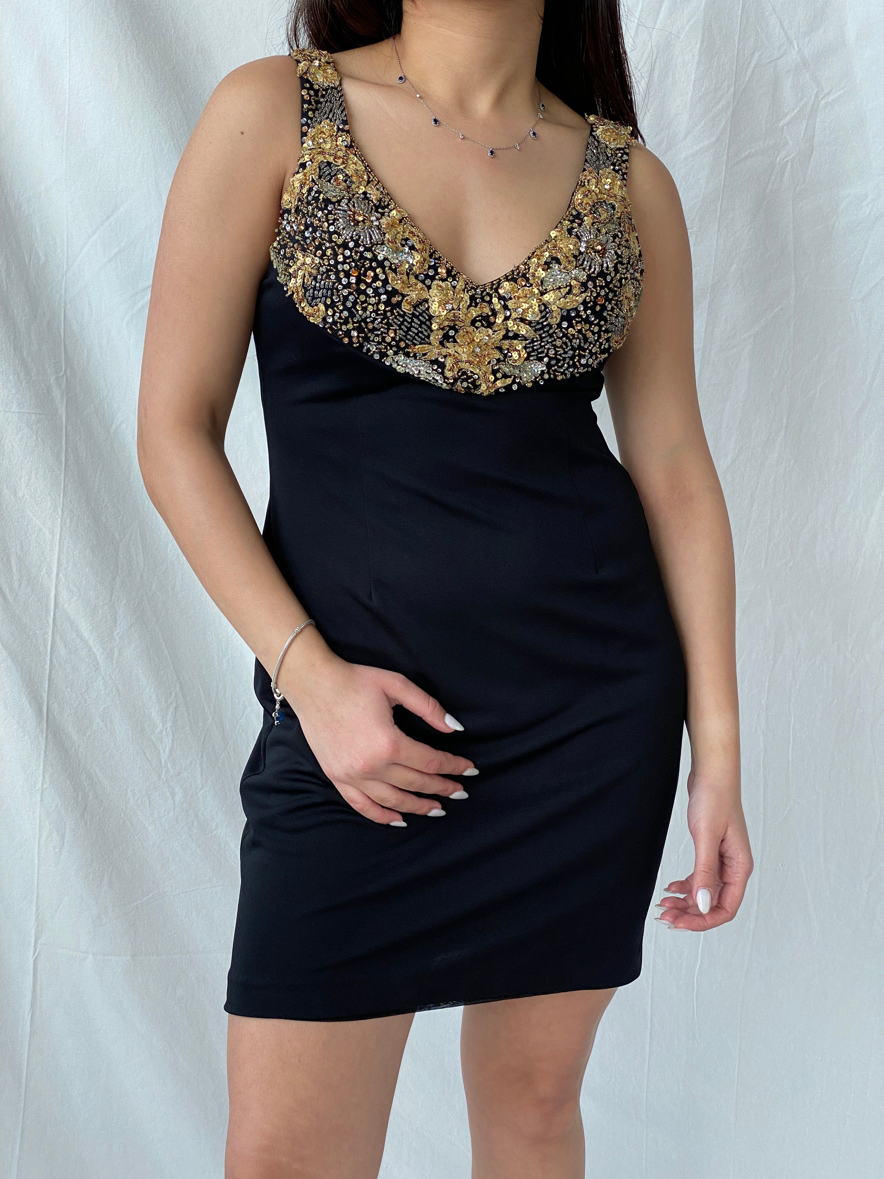 BASIX Black Midi Sleeveless Bodycon Dress with Gold Sequin & Beading Details - M - Balagan Vintage Midi Dress 00s, 00s dress, consignment, Fatima, Mini Dress, Sadouf, Wedding Guest, winter