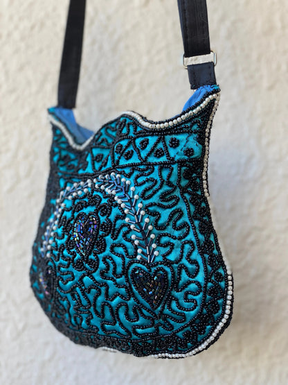 Beaded Blue Paisley Evening Crossbody Bag - Balagan Vintage Cross Body Bag 90s, bag, beaded, beaded bag, mini handbag, shoulder bag