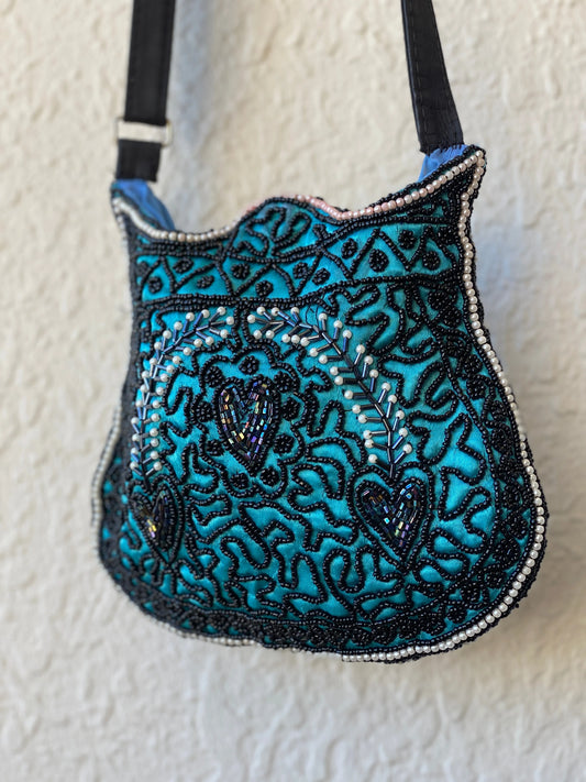 Beaded Blue Paisley Evening Crossbody Bag - Balagan Vintage Cross Body Bag 90s, bag, beaded, beaded bag, mini handbag, shoulder bag