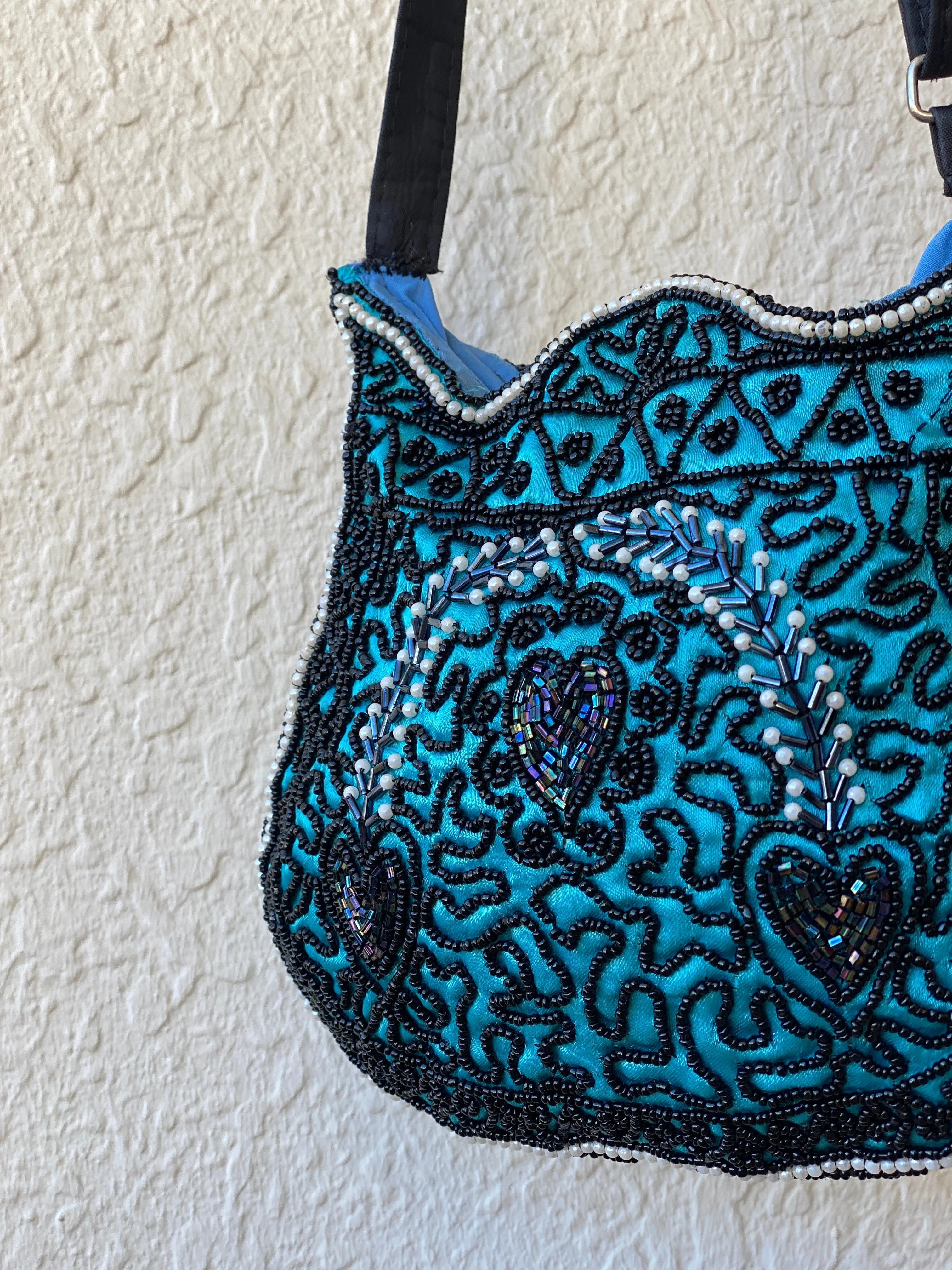Beaded Blue Paisley Evening Crossbody Bag - Balagan Vintage Cross Body Bag 90s, bag, beaded, beaded bag, mini handbag, shoulder bag