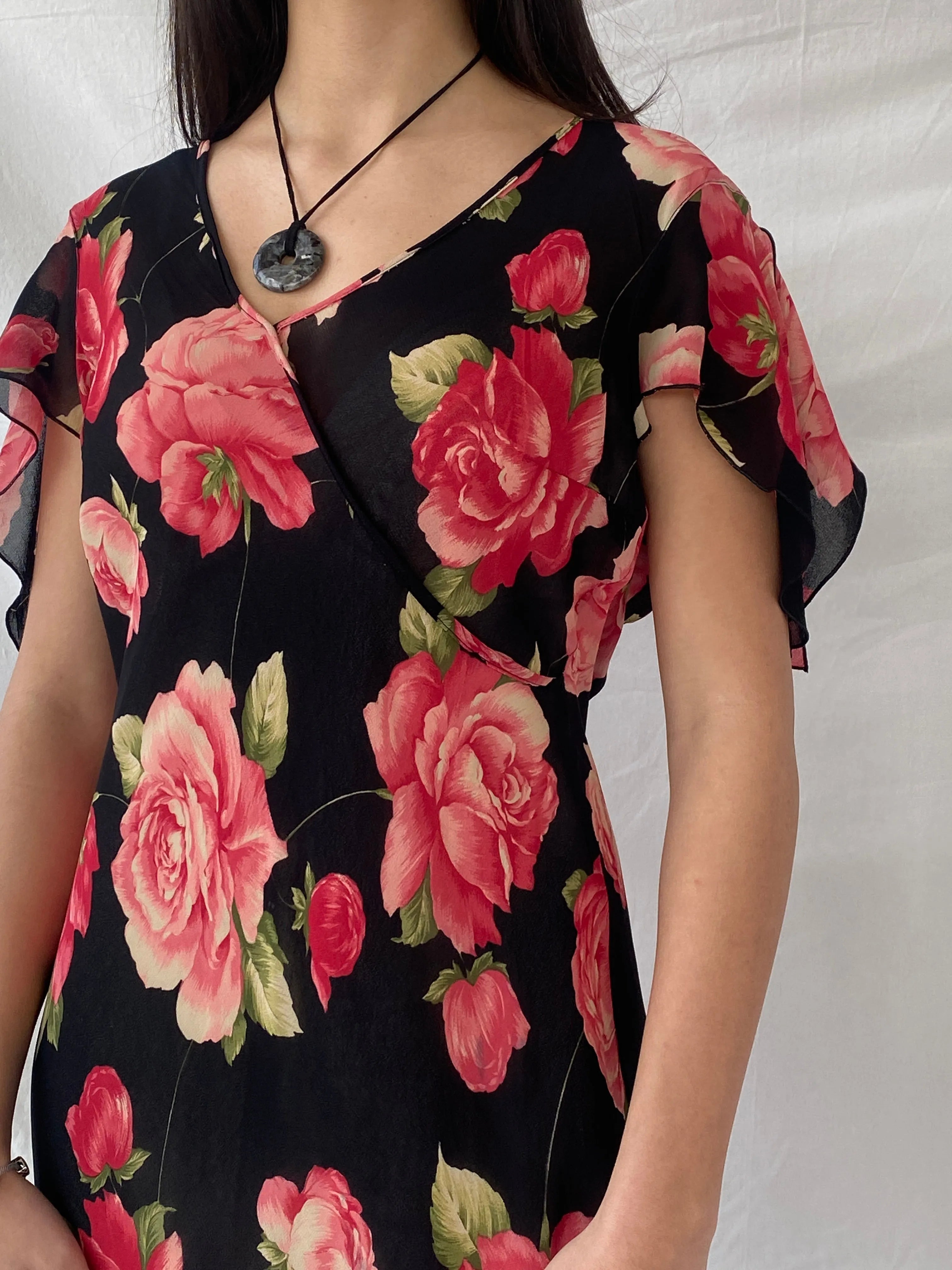 Beautiful 90s Wallis Floral Pink and Black Full Sheer Maxi Dress - M - Balagan Vintage Maxi Dress dress, floral, floral dress, maxi dress, mesh, sheer, shimmer, Syntia