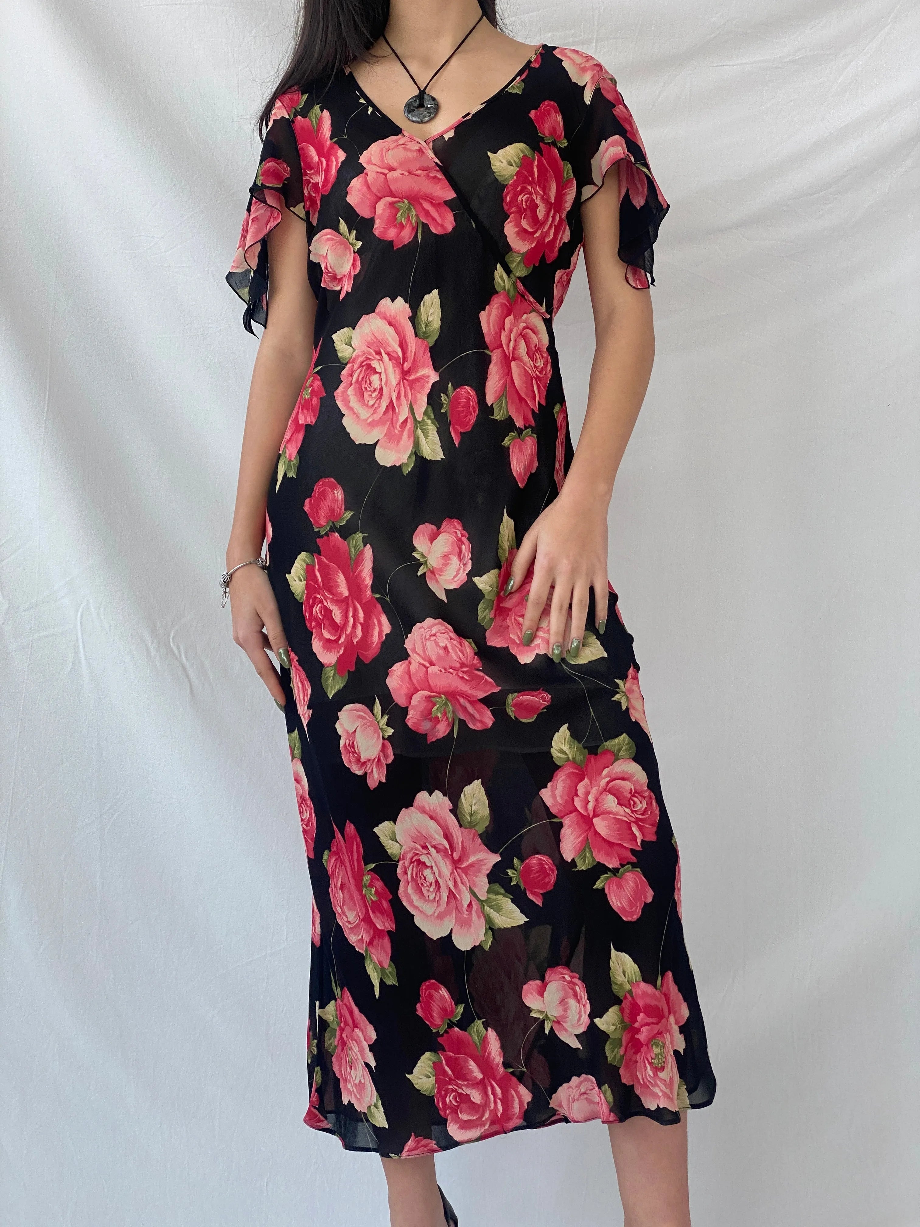 Beautiful 90s Wallis Floral Pink and Black Full Sheer Maxi Dress - M - Balagan Vintage Maxi Dress dress, floral, floral dress, maxi dress, mesh, sheer, shimmer, Syntia