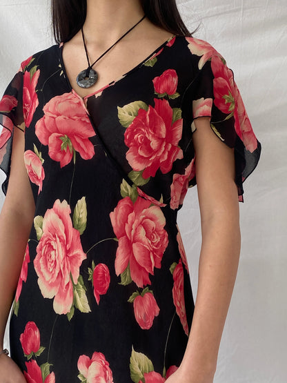 Beautiful 90s Wallis Floral Pink and Black Full Sheer Maxi Dress - M - Balagan Vintage Maxi Dress dress, floral, floral dress, maxi dress, mesh, sheer, shimmer, Syntia