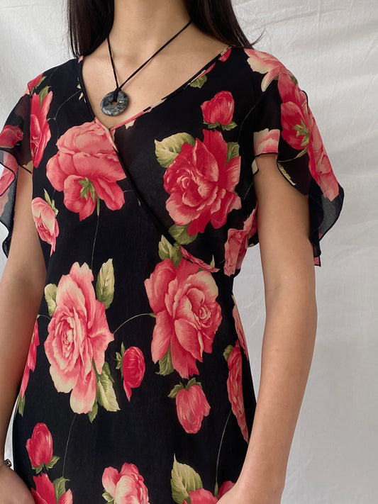 Beautiful 90s Wallis Floral Pink and Black Full Sheer Maxi Dress - M - Balagan Vintage Maxi Dress dress, floral, floral dress, maxi dress, mesh, sheer, shimmer, Syntia