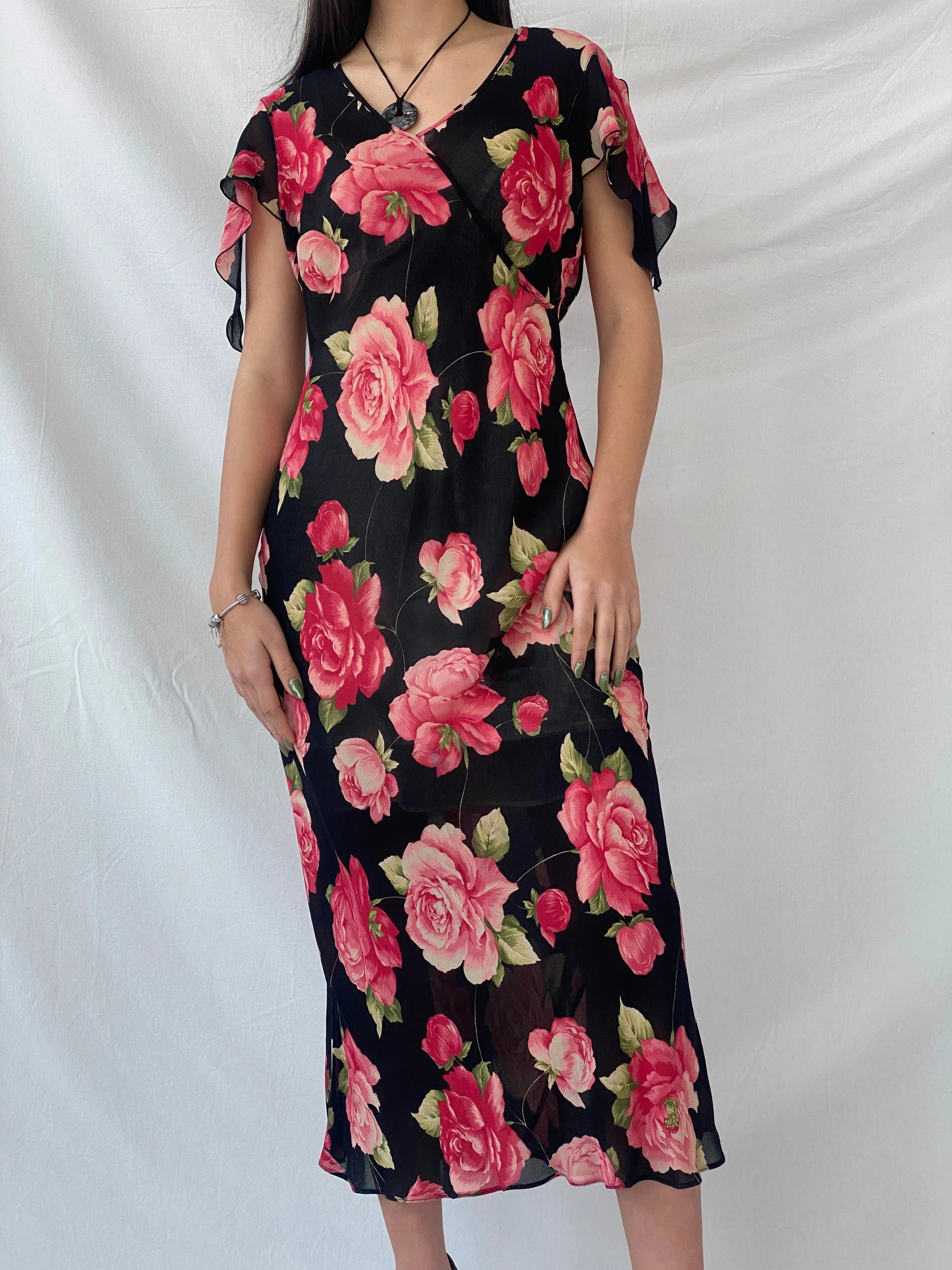 Beautiful 90s Wallis Floral Pink and Black Full Sheer Maxi Dress - M - Balagan Vintage Maxi Dress dress, floral, floral dress, maxi dress, mesh, sheer, shimmer, Syntia