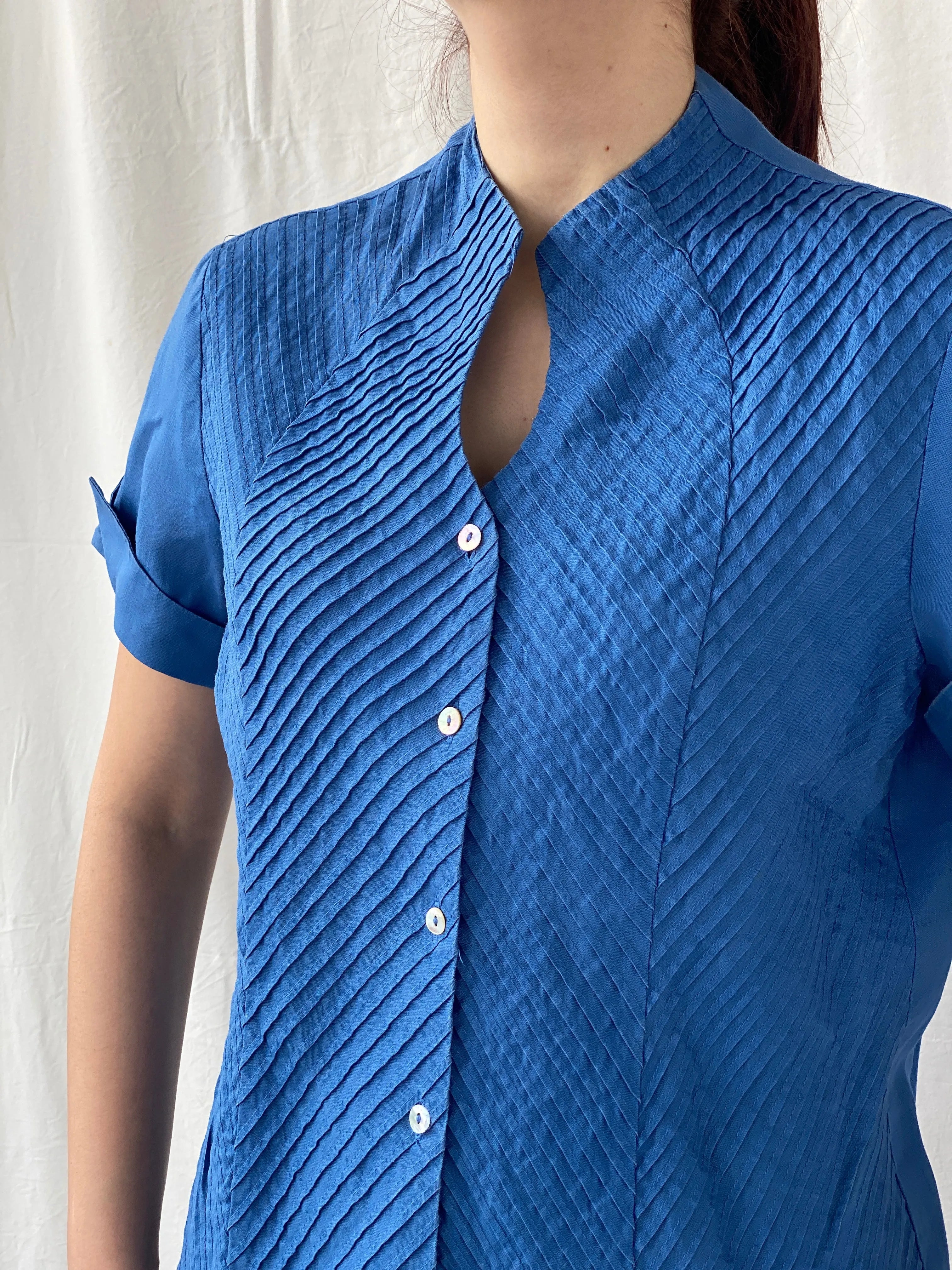 Beautiful Appraisal Blue Ramie Women’s Short Sleeve Buttoned Structured Shirt - L - Balagan Vintage Half Sleeve Shirt Ayah, half sleeve shirt, shirt, women shirt