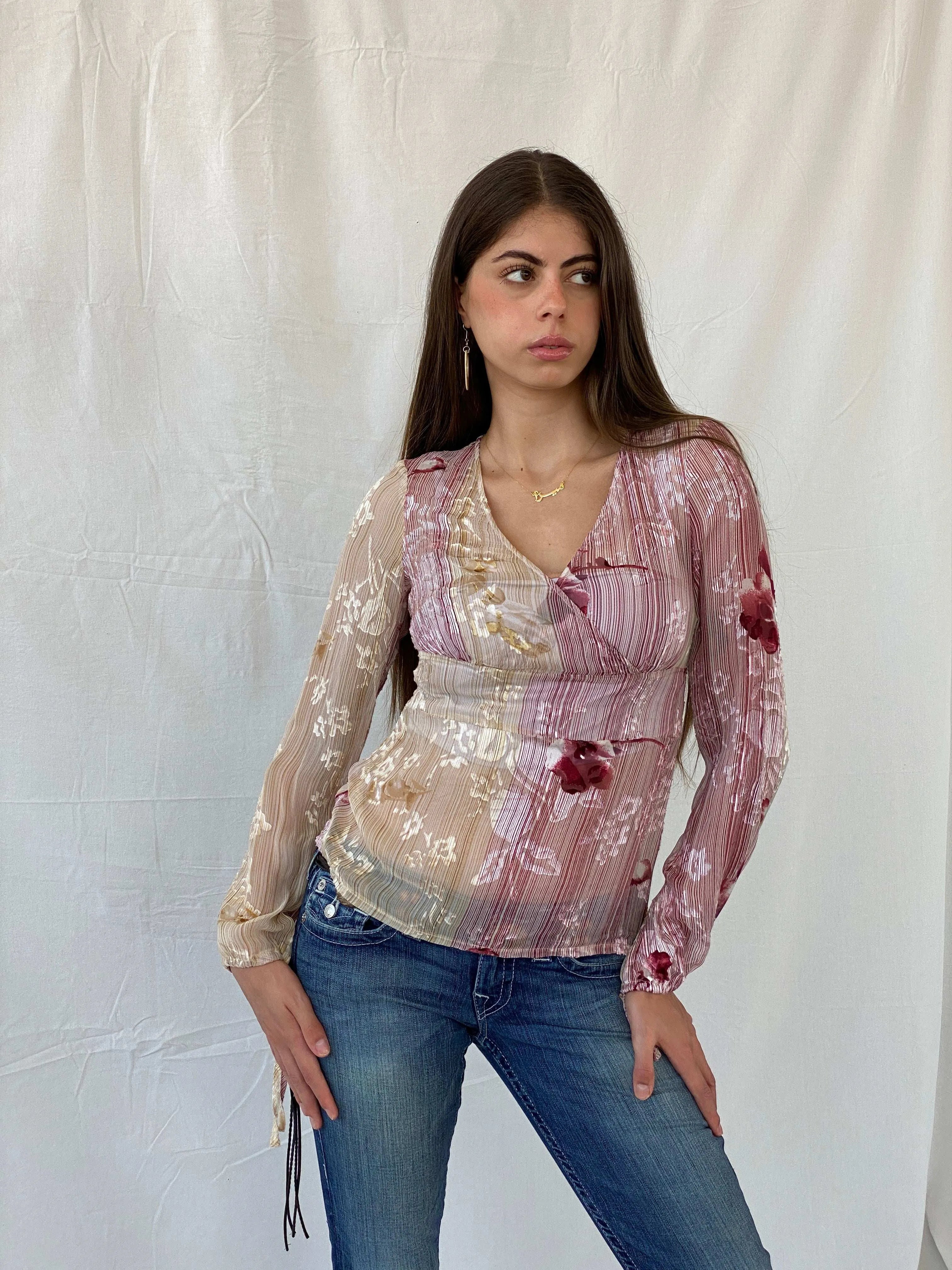 Beautiful Basque Chiffon Floral Pink Sheer Striped Blouse - M - Balagan Vintage Full Sleeve Top 00s, 90s, floral top, Mira, sheer, winter, women top