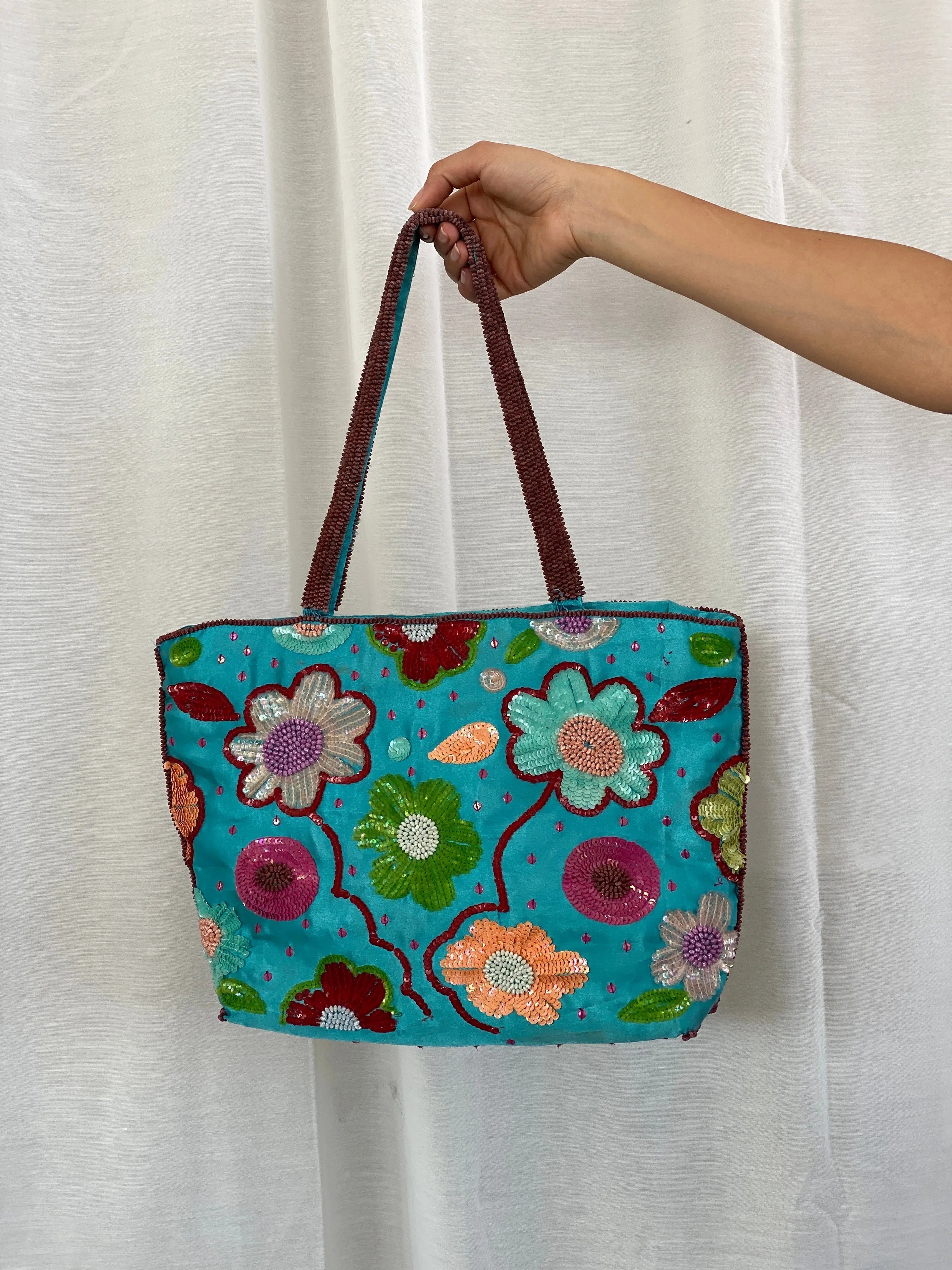 Beautiful Blue Satin Floral Sequined Beaded Strap Tote Bag - Balagan Vintage Shoulder Bag 90s, bag, beaded, beaded bag, shoulder bag