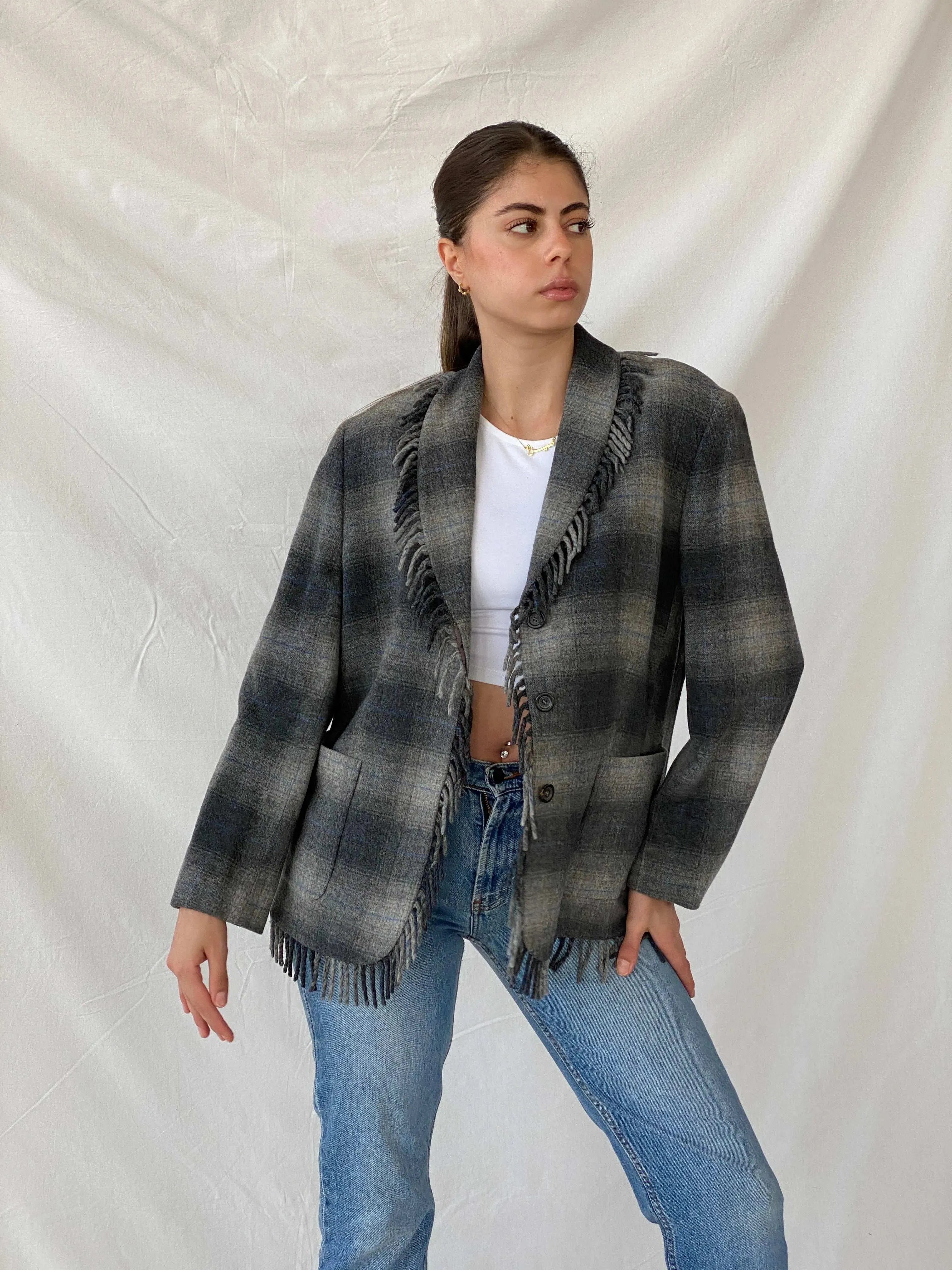 Beautiful ESCADA Sport Gray Wool Plaid Fringed Hem Blazer - XL - Balagan Vintage Blazer 00s, blazer, Coats&Jackets, full sleeve blazer, Mira, plaid, plaid blazer, Women's Blazers