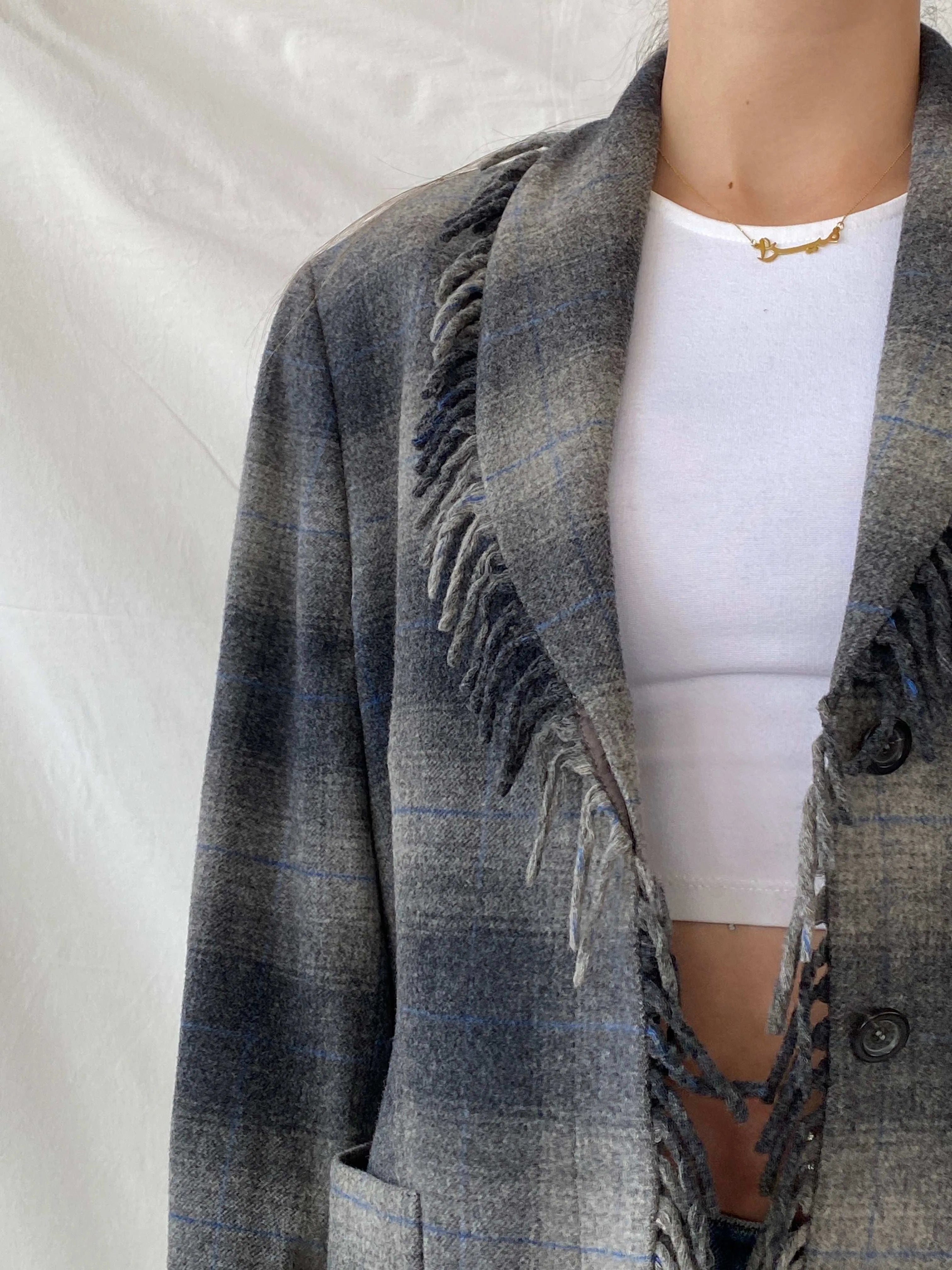 Beautiful ESCADA Sport Gray Wool Plaid Fringed Hem Blazer - XL - Balagan Vintage Blazer 00s, blazer, full sleeve blazer, Mira, plaid, plaid blazer