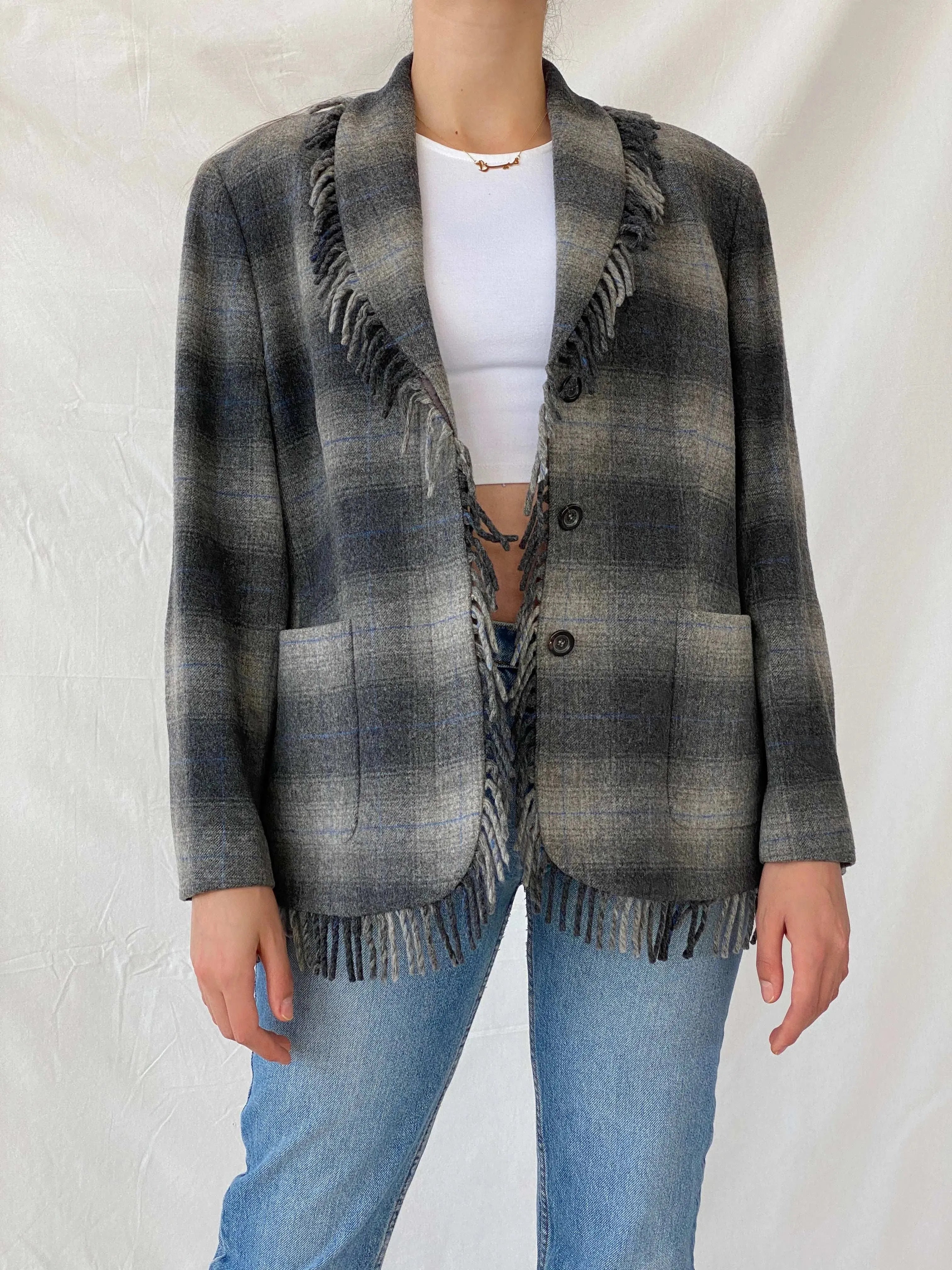 Beautiful ESCADA Sport Gray Wool Plaid Fringed Hem Blazer - XL - Balagan Vintage Blazer 00s, blazer, Coats&Jackets, full sleeve blazer, Mira, plaid, plaid blazer, Women's Blazers
