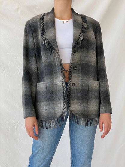 Beautiful ESCADA Sport Gray Wool Plaid Fringed Hem Blazer - XL - Balagan Vintage Blazer 00s, blazer, Coats&Jackets, full sleeve blazer, Mira, plaid, plaid blazer, Women's Blazers
