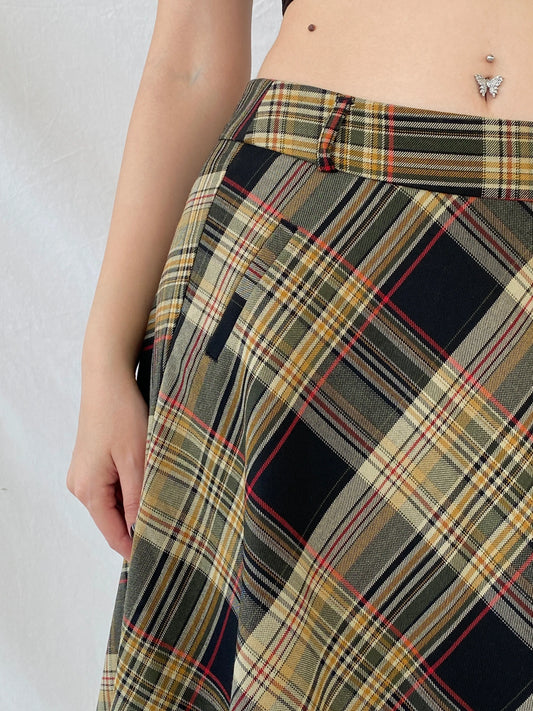 Beautiful Fusion Plaid Flannel Yellow Black Women’s Tartan Short Skirt - M - Balagan Vintage Midi Skirt Ayah, midi skirt, plaid, plaid skirt, striped, winter