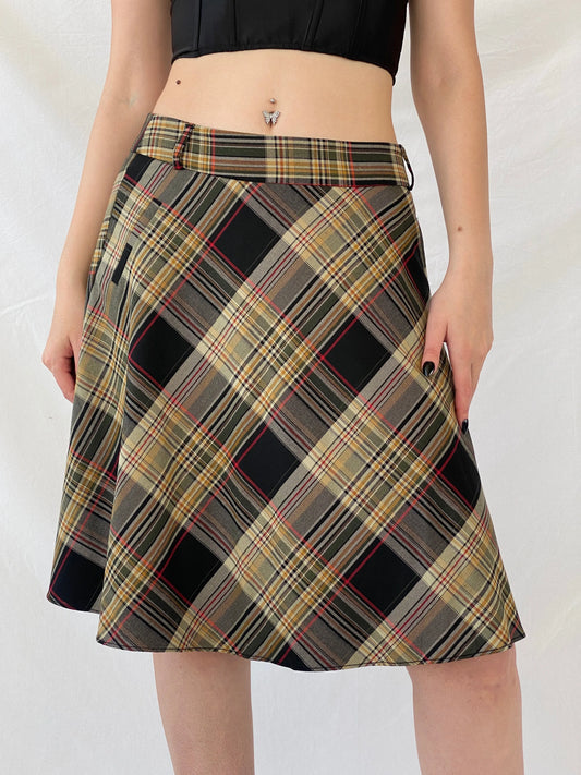 Beautiful Fusion Plaid Flannel Yellow Black Women’s Tartan Short Skirt - M - Balagan Vintage Midi Skirt Ayah, midi skirt, plaid, plaid skirt, striped, winter