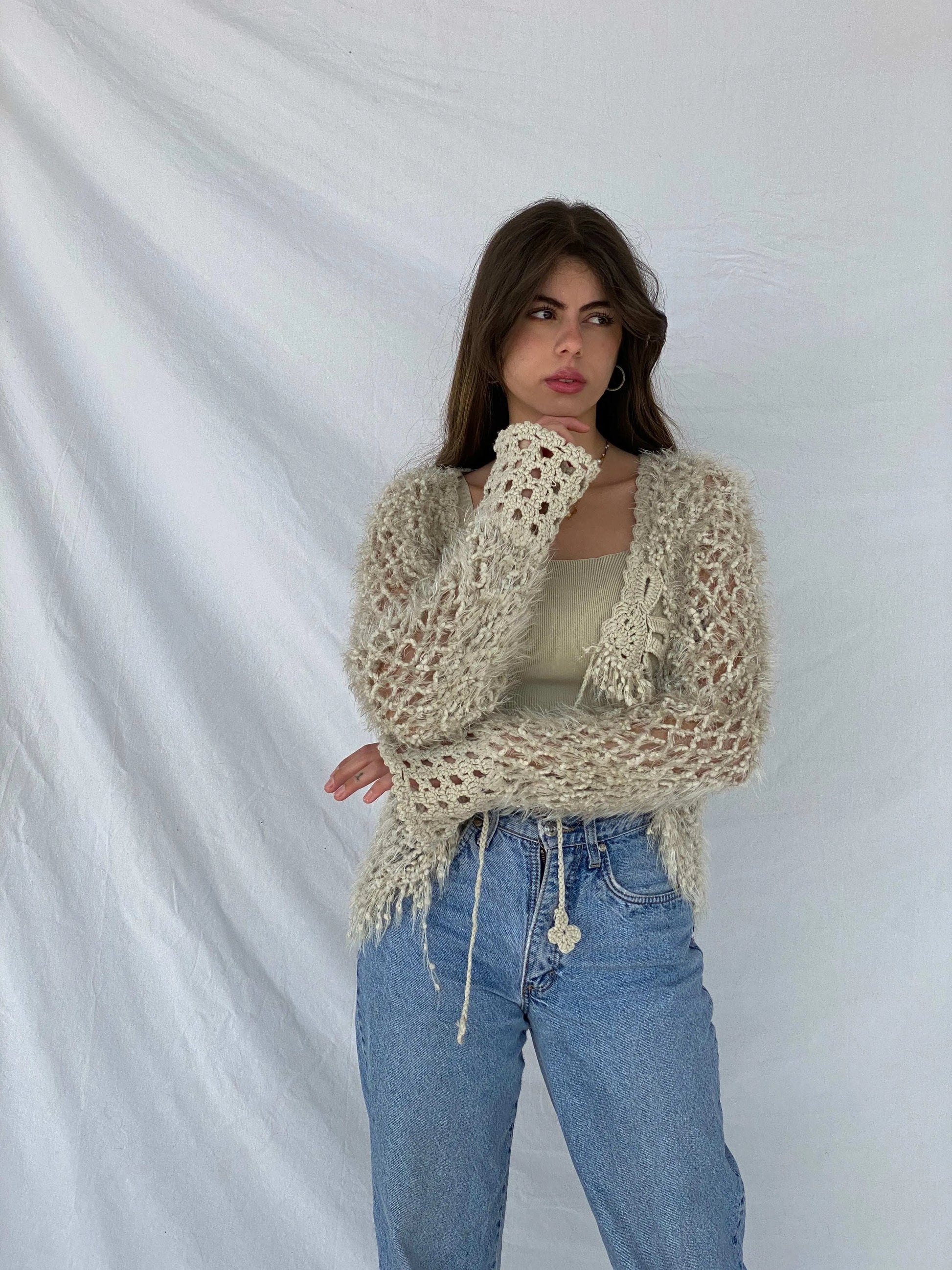 Beautiful Handmade Beige Crochet Cardigan - Balagan Vintage Cardigan 00s, cardigan, handmade, knitted cardigan, Mira