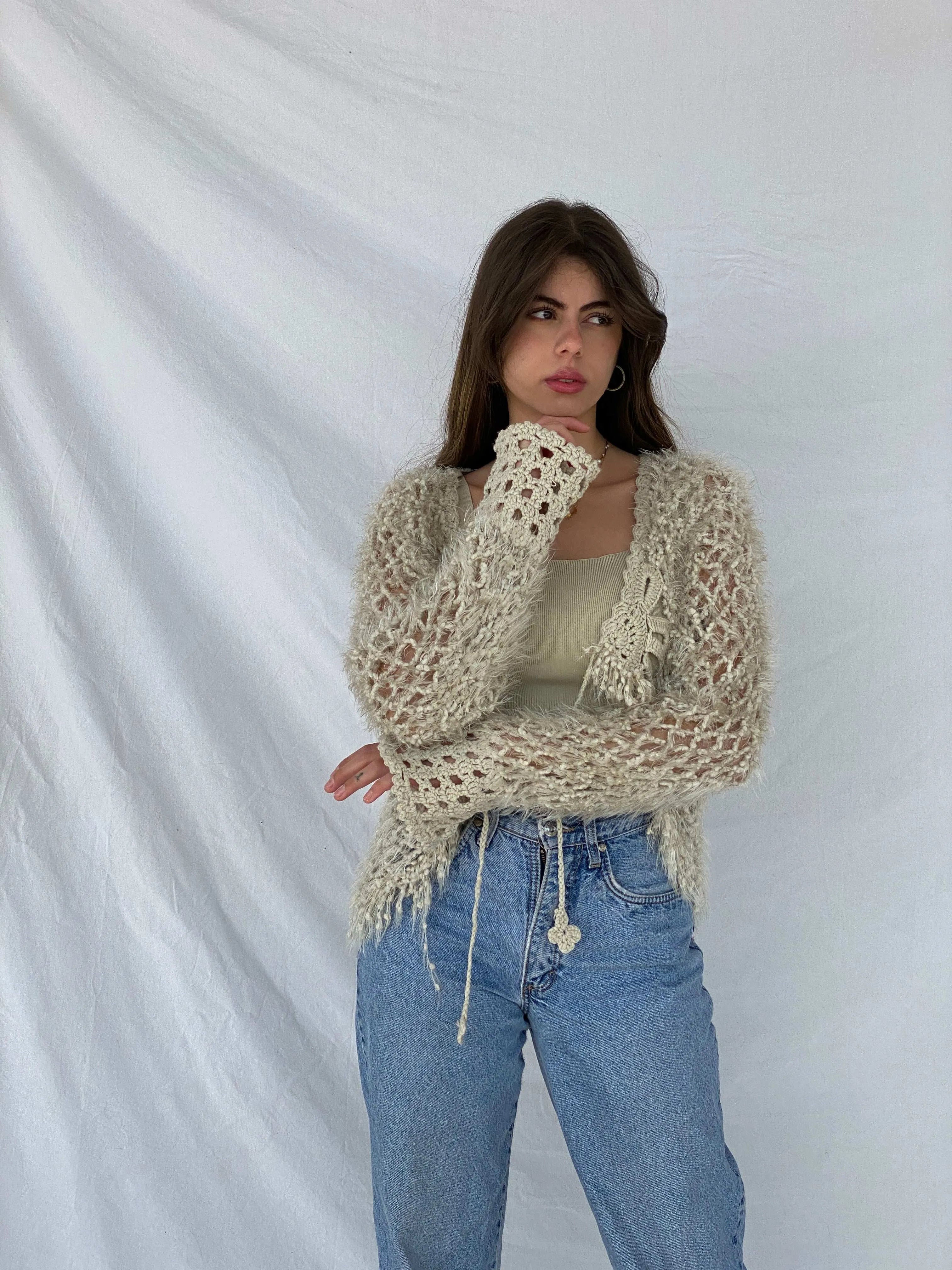 Beautiful Handmade Beige Crochet Cardigan - Balagan Vintage Cardigan 00s, cardigan, handmade, knitted cardigan, Mira