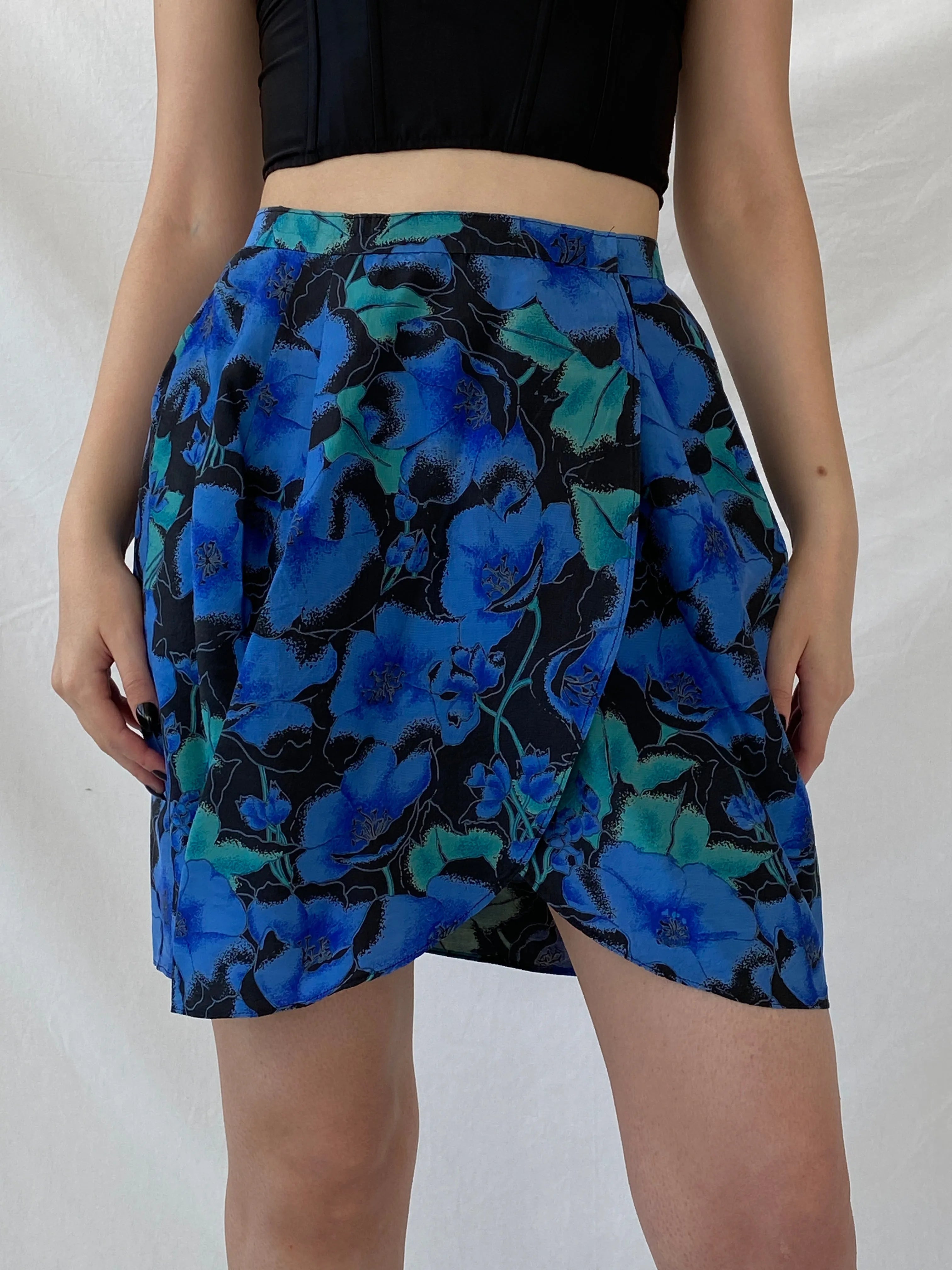 Beautiful Handmade Blue Floral Mini Wrap Skirt - S - Balagan Vintage Mini Skirt Ayah, floral, floral skirt, mini skirt, NEW IN, skirt, wrap, wrap skirt