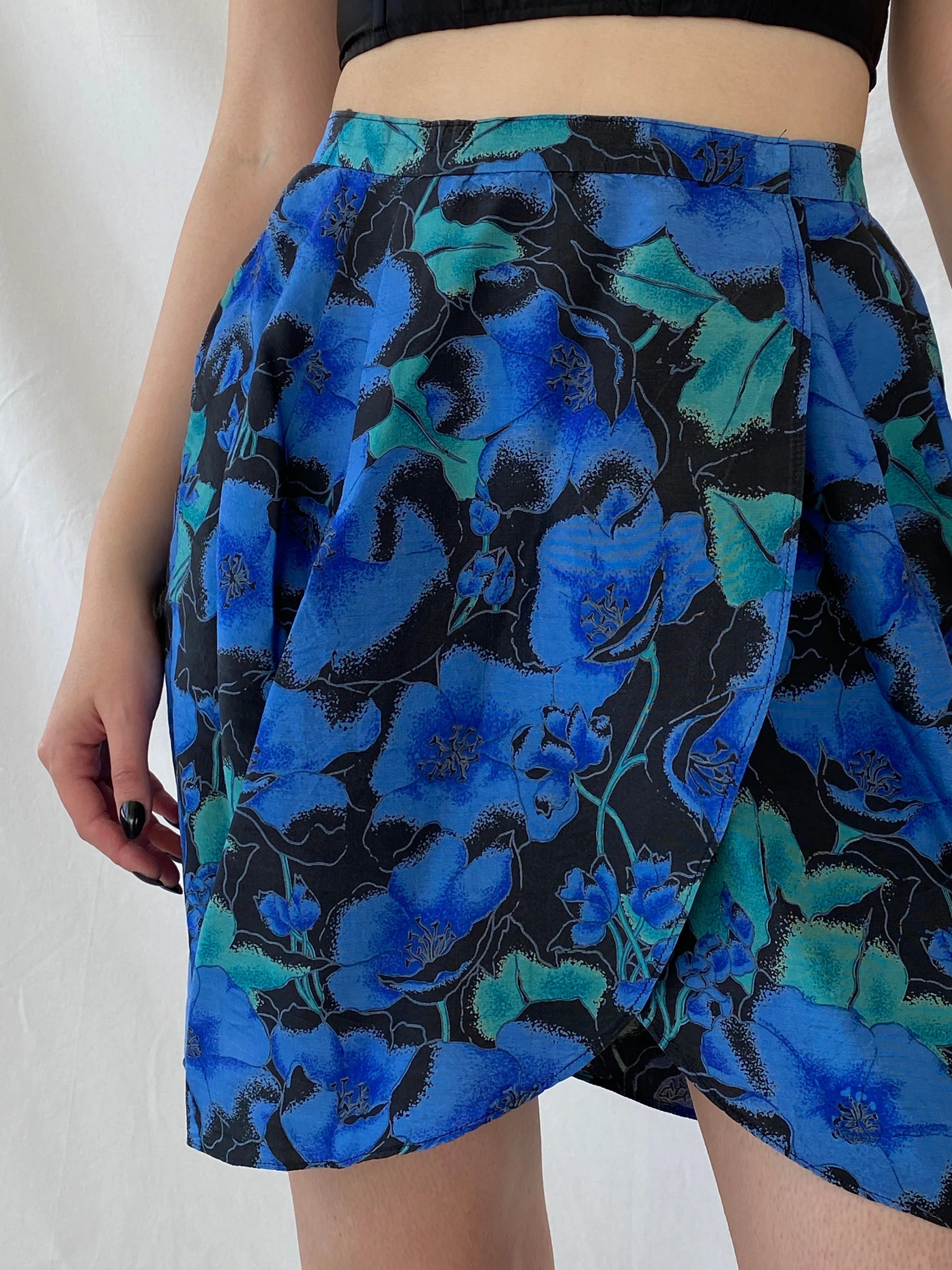 Beautiful Handmade Blue Floral Mini Wrap Skirt - S - Balagan Vintage Mini Skirt Ayah, floral, floral skirt, mini skirt, NEW IN, skirt, wrap, wrap skirt