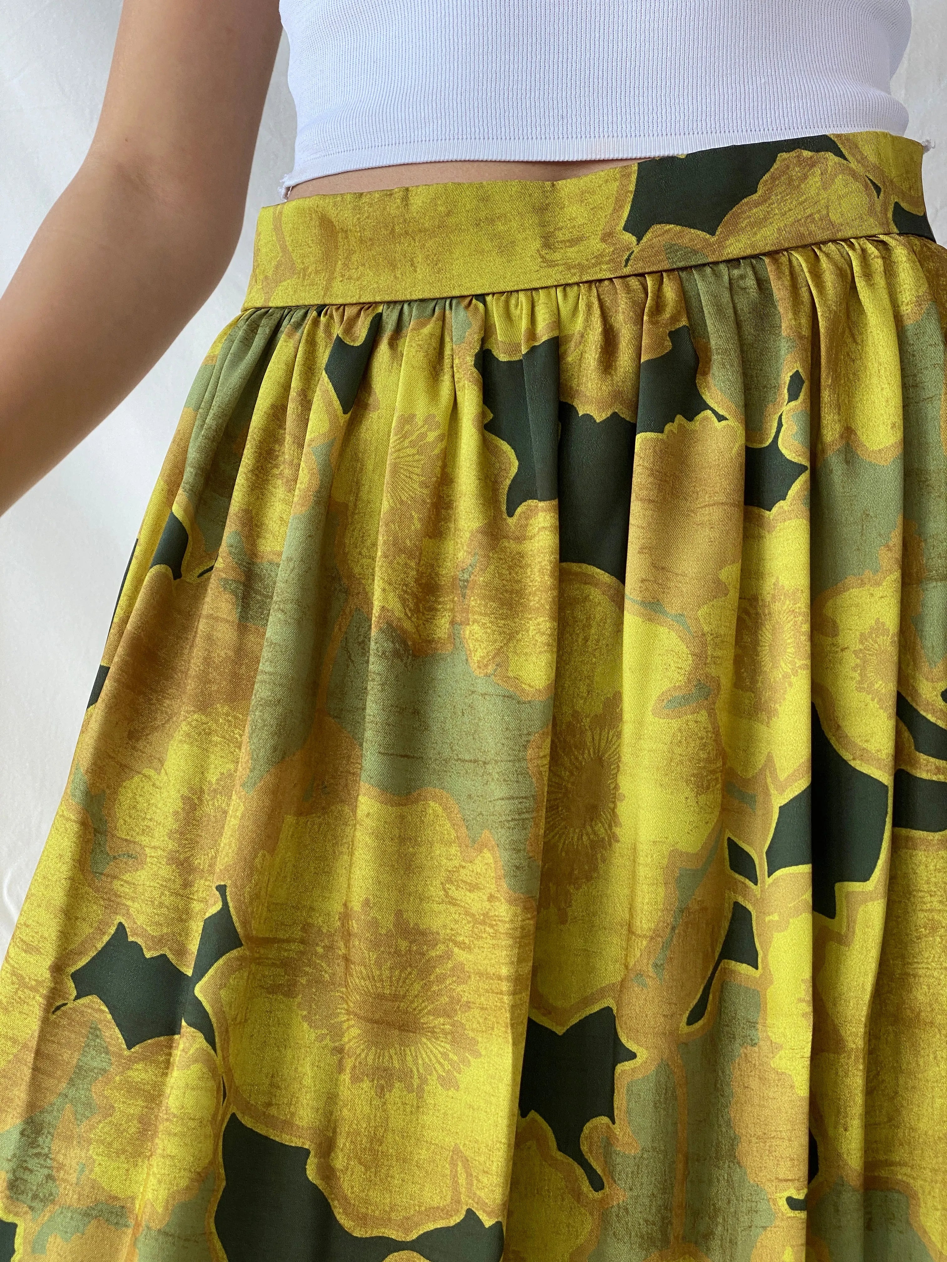 Beautiful La Fée Maraboutée Yellow & Green Floral Midi Skirt - M - Balagan Vintage Midi Skirt Ayah, floral skirt, midi skirt, skirt, Syntia, women skirt, yellow