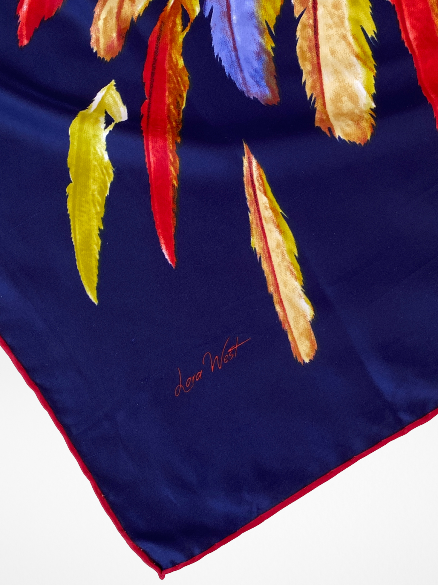 Beautiful Lora West Navy Vibrant Abstract Feather Satin Square Scarf - Balagan Vintage Scarf 00s, multicolored, NEW IN, scarf, summer